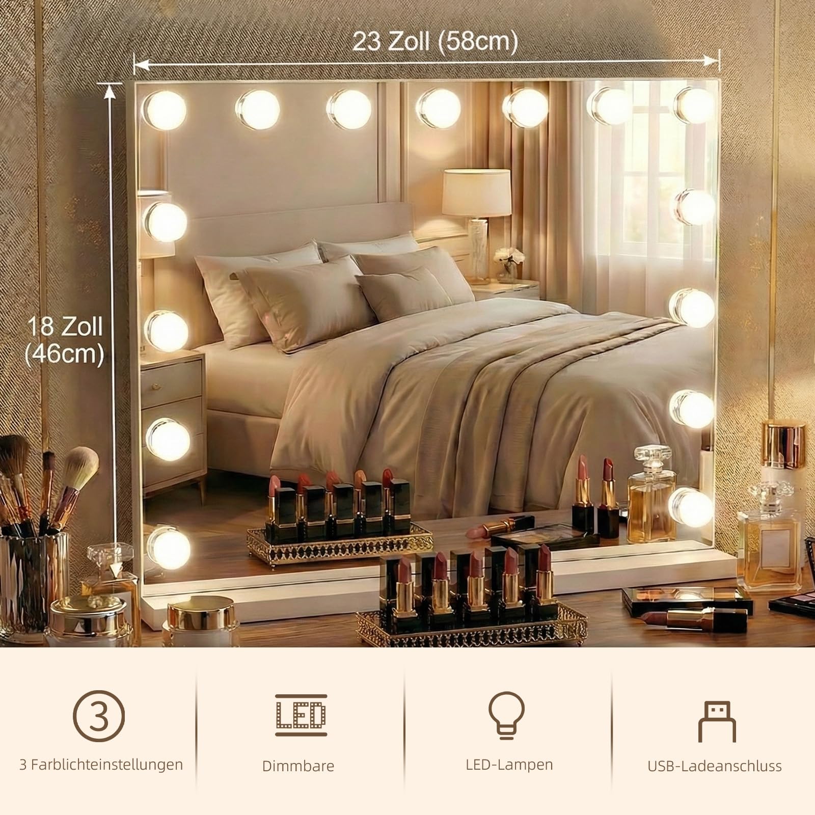 Hollywood Spiegel Schminkspiegel mit Beleuchtung, Kosmetikspiegel 58 x 46 cm, 15 LED Mirror Super HD für Make-up, 3 Lichtfarben Dimmbar Touch Control, USB, inkl. 10-Fach Vergrößerungsspiegel