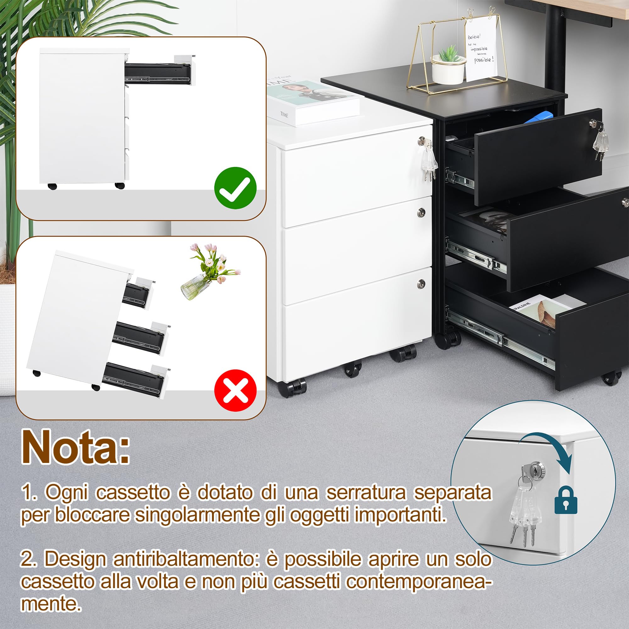 Cassettiera Scrivania Mobile, Cassettiera con 3 serrature, 4 Chiavi, 3 Cassetti, in Acciaio, Preassemblato, Bianco
