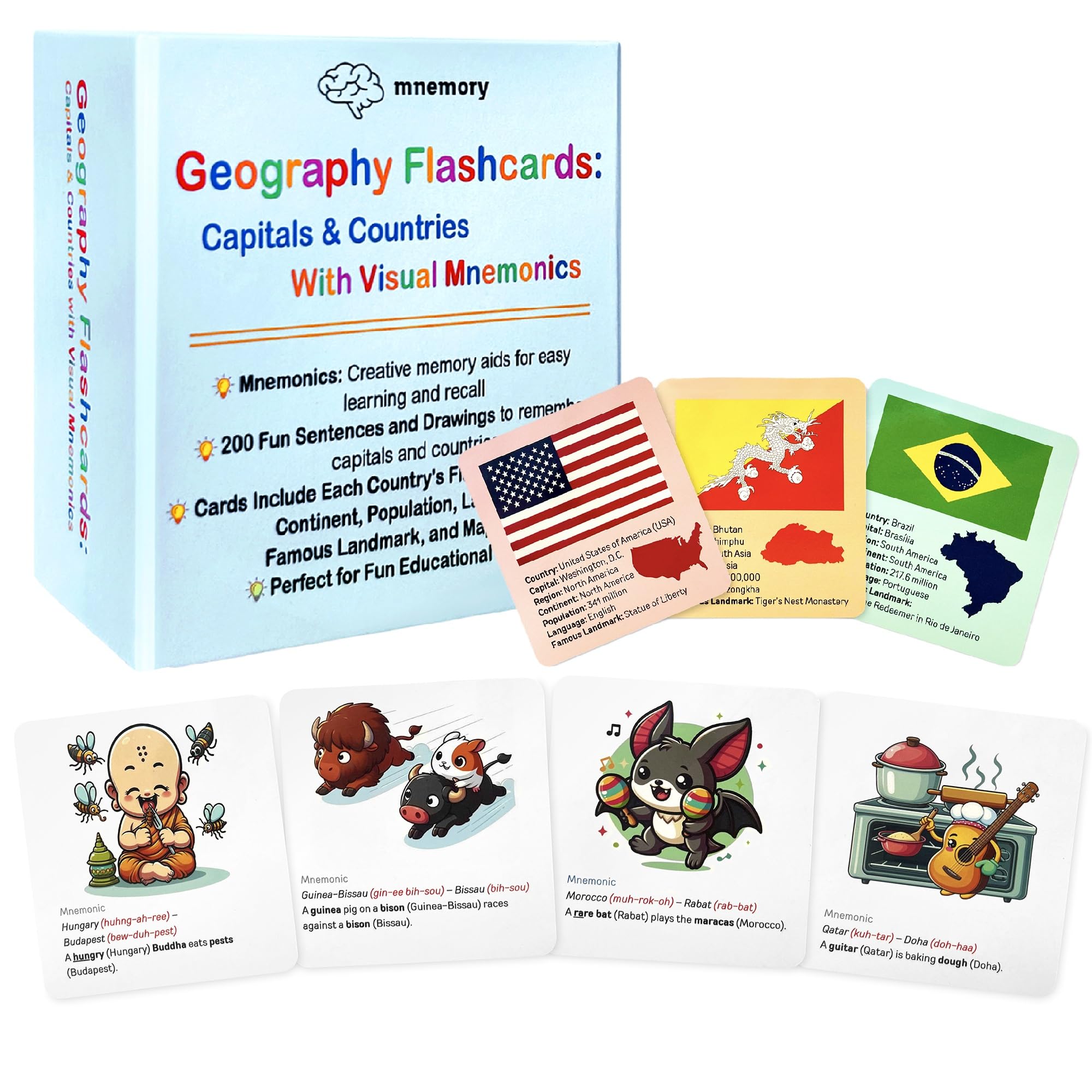 200 Geography Flash Cards for Kids & Adults | Learn Countries & Capitals with Fun Memory Tricks, Games & Illustrations | Includes Country Flags & Fun