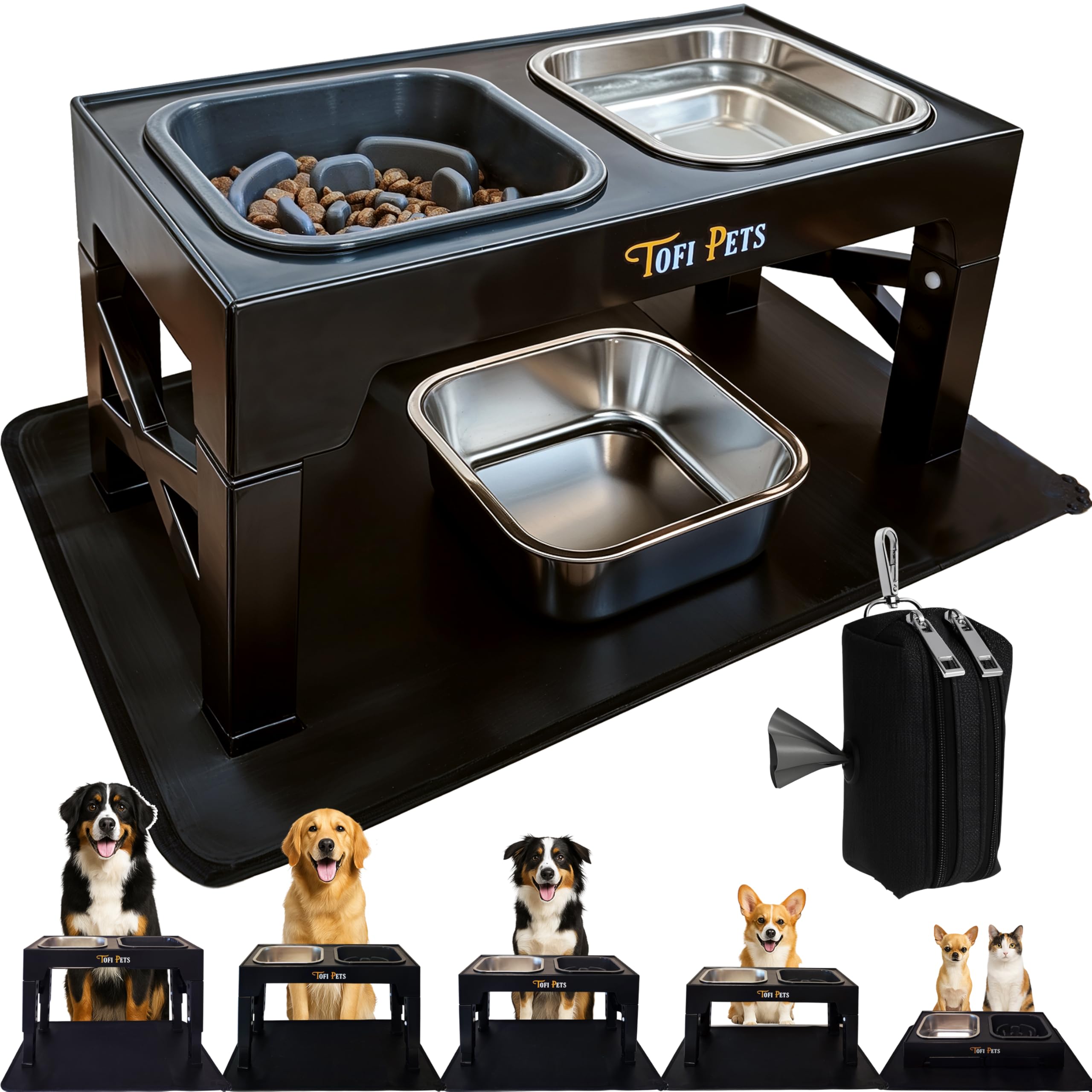 Comedero Perro Elevado 5 Alturas | Bebedero y Comederos para Perros Medianos y Grandes Acero 2 x 1400ml, Comedero Lento para Perros 1 x 1200ml, Alfombra + Porta Bolsas Paseo | 3 Cuencos