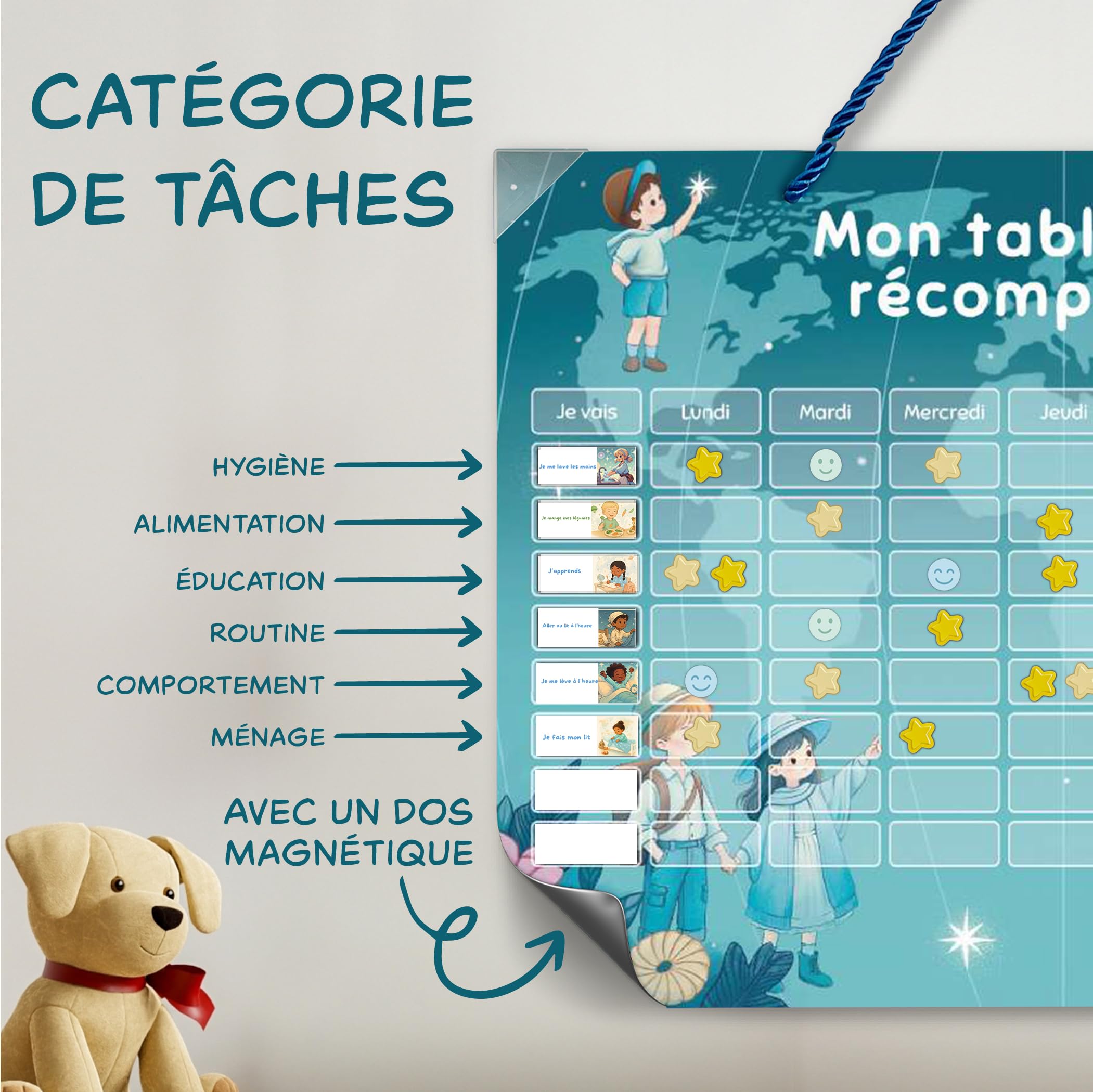 Tableau de Récompense Enfant Magnétique – Routine Matin & Soir 5-12 Ans | Tableau de Comportement et Tâches Enfant | 60 Missions + 10 Libres, 150 Étoiles, 60 Emojis, Organisation routine maison