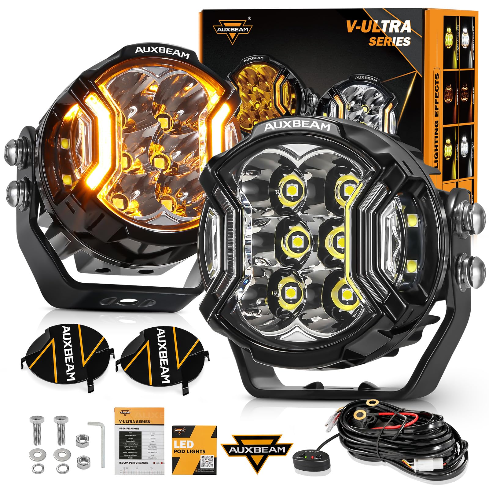 Auxbeam 3 Inch Round Driving Lights, 108W Side Shooter Offroad Pod Lights with Amber DRL, 270° Ultra-Wide Ditch Light Hyper Spot Beam Work 3 Modes White Amber Yellow Cube Pod with Covers, Pair
