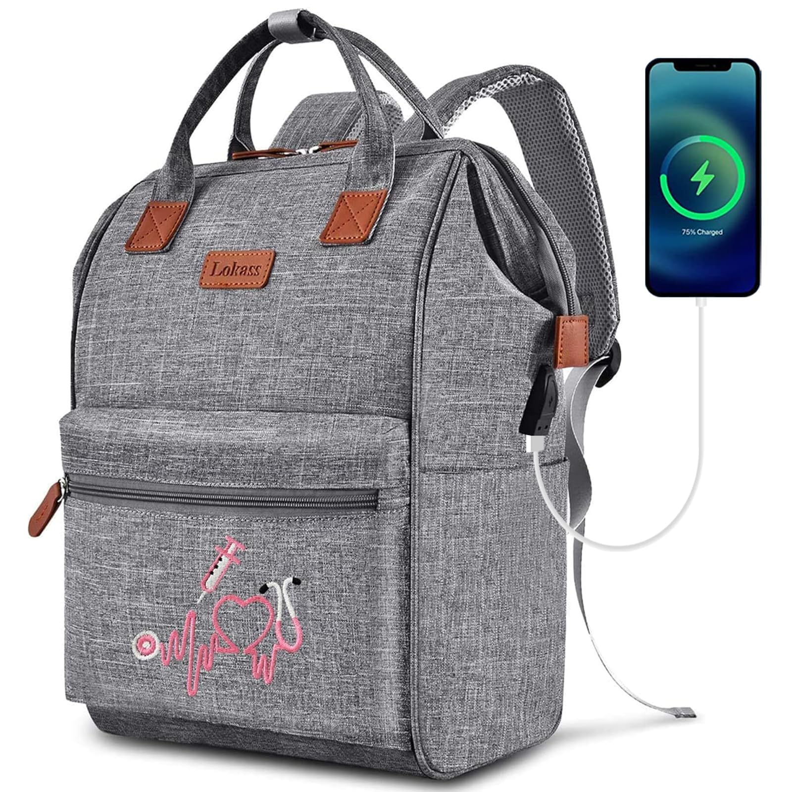 Srotek Nurse Backpack for Women - 15.6 Inch Waterproof Laptop Travel Backpack with USB Charging Port, Grey