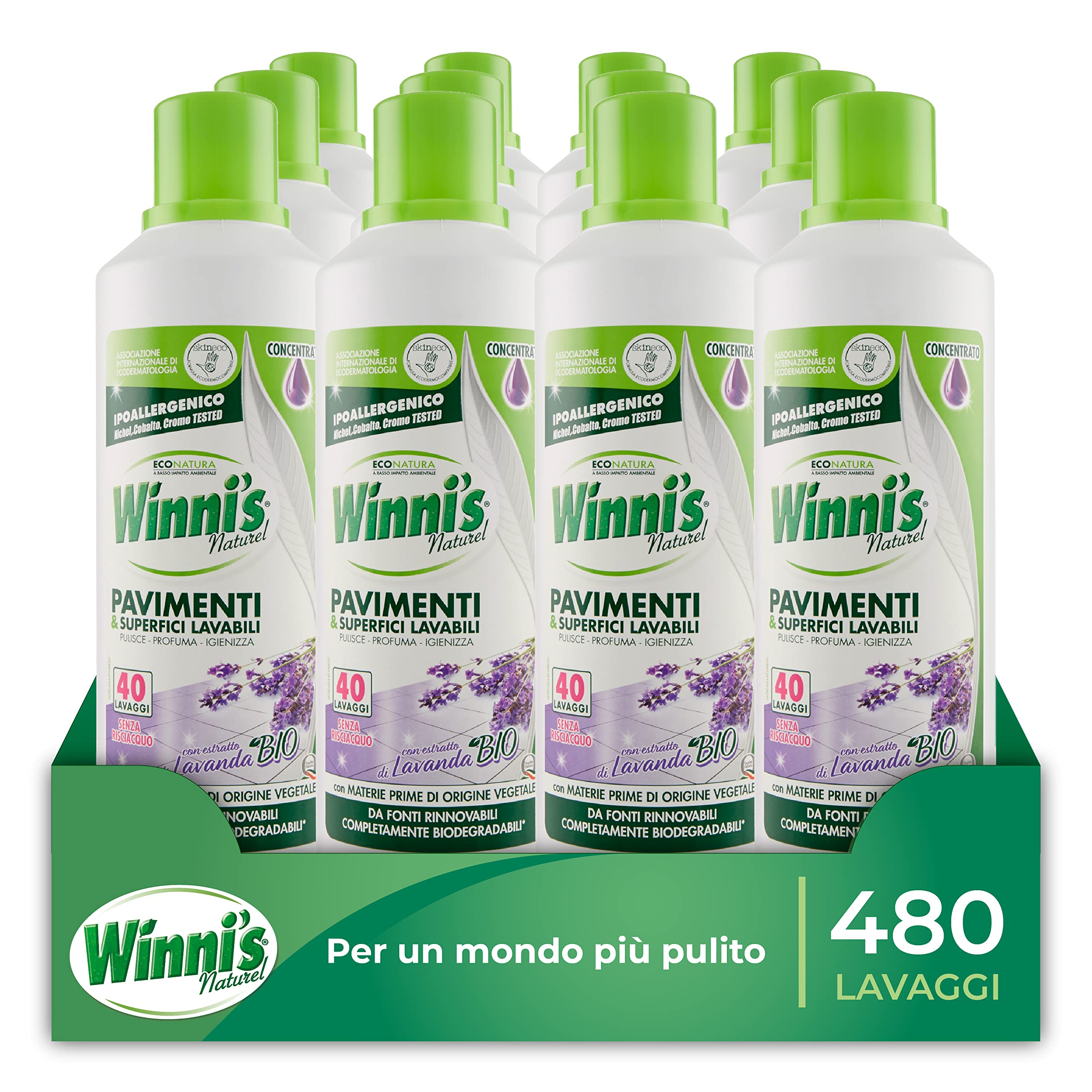 Winni's - Detergente para suelos hipoalergénico para todas las superficies, 480 lavados, sin enjuague, aroma a lavanda, 1 L x 12 envases