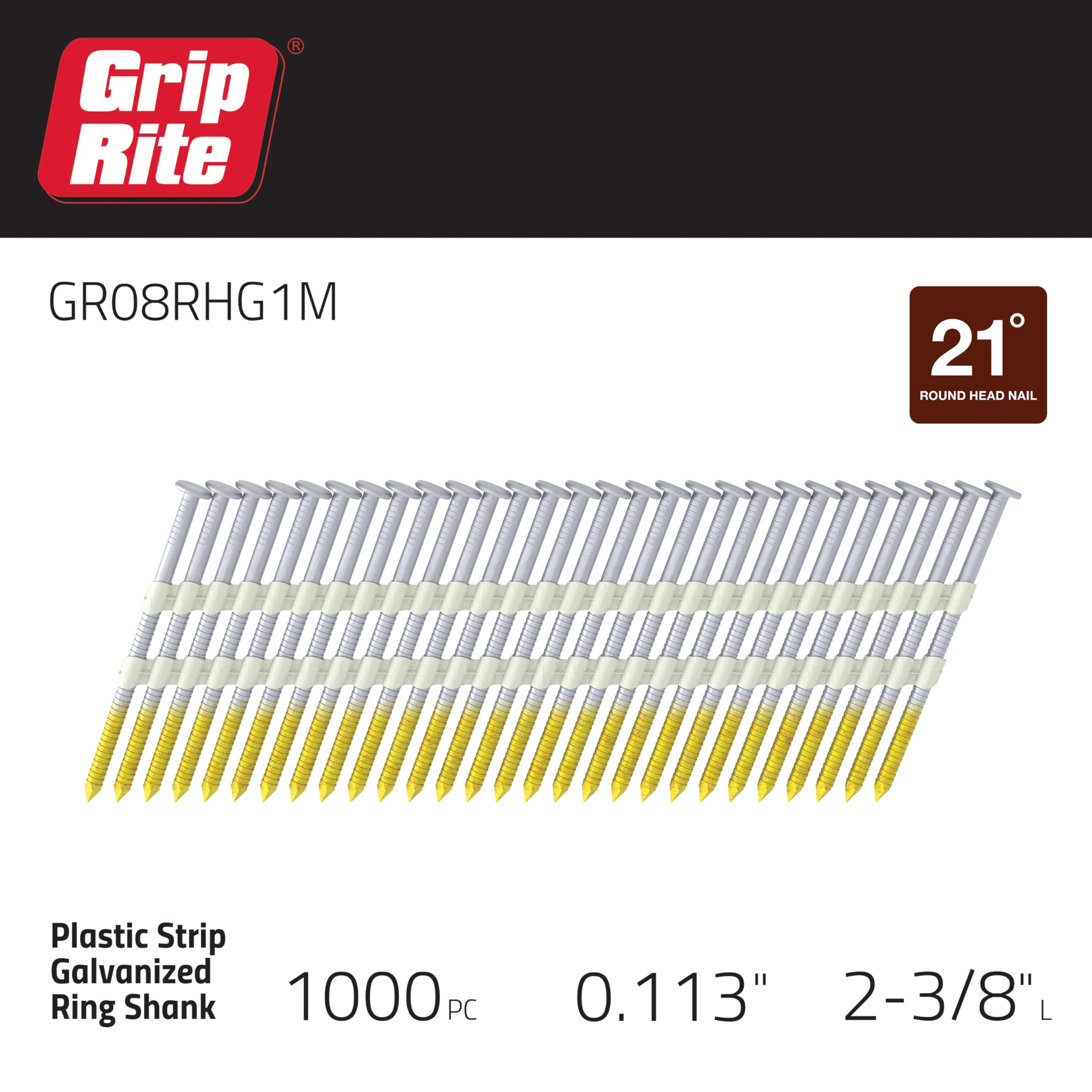 Grip-Rite GR08RHG1M 2-3/8" x .113", 21-Degree Plastic Strip Round Head Framing Nails, Ring Shank, Galvanized, 1M Plastic Tub (1000 Count) — Amazon image 3