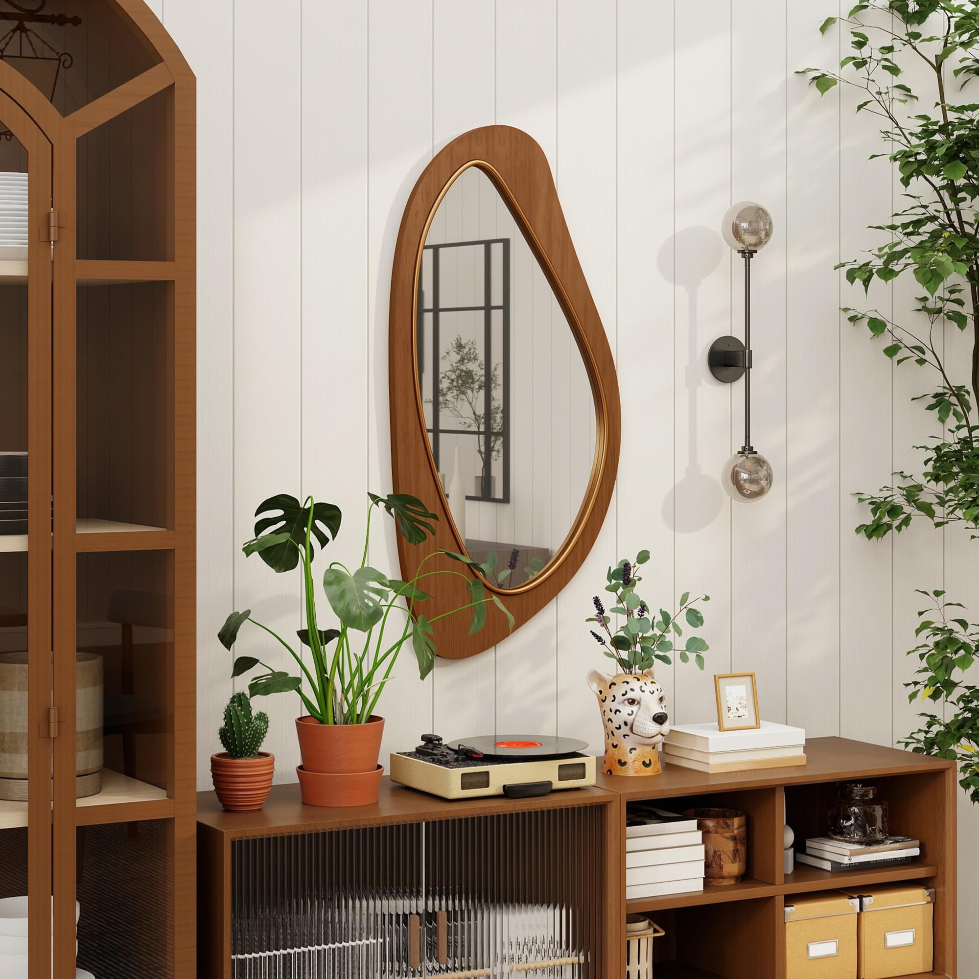 HOMCOM Miroir Mural asymétrique 91,5 x 45 cm Suspendu Effet Bois Naturel | Moderne, Cadre en Bois, pour Chambre, Salon, Dressing, Entrée