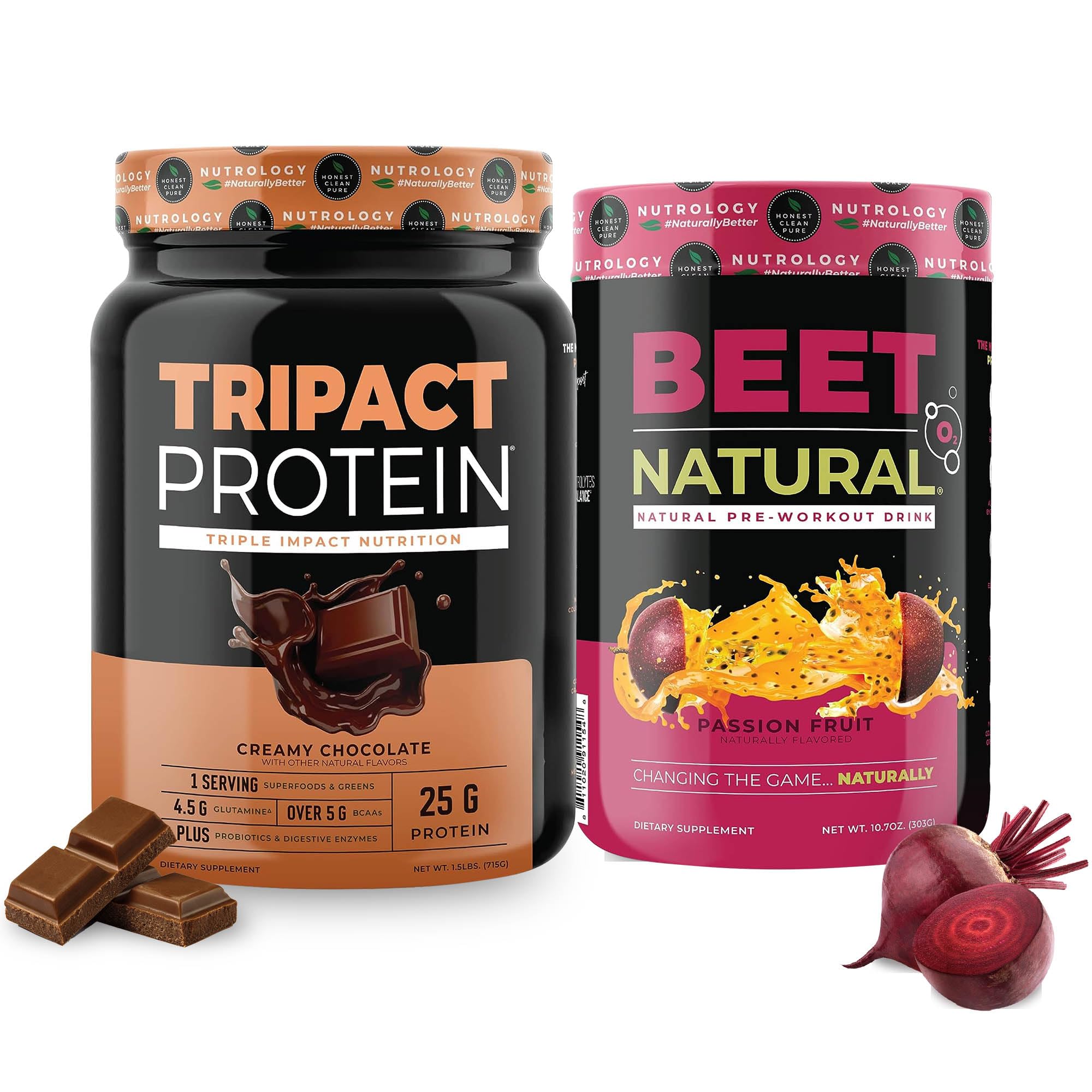 Nutrology Pre Workout Bundle - Tripact Protein & Beet Natural O2, Non-GMO Grass Fed Whey, Premium Nutrition Shake, Probiotic, Nitric Oxide Booster, Gluten Free