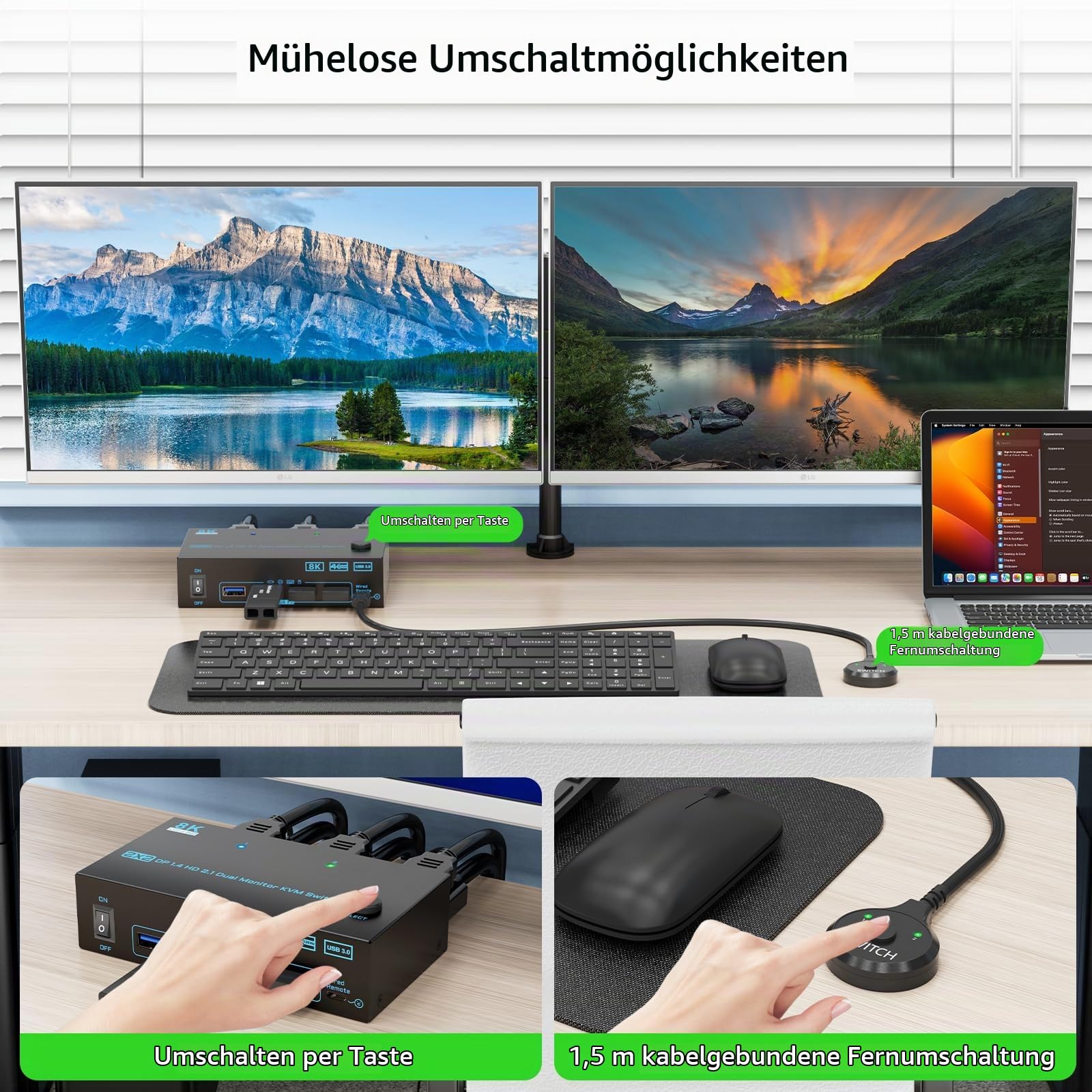 8K 2 Monitore 2 PC KVM Switch Displayport 1.4 + HDMI 2.1 Dual Monitor | 2 IN 2 OUT 2 Ports KVM-Switches Max Unterstützung 8K@60Hz/4K@144Hz für 2 PCs teilen sich 2 Bildschirme und 4 USB 3.0
