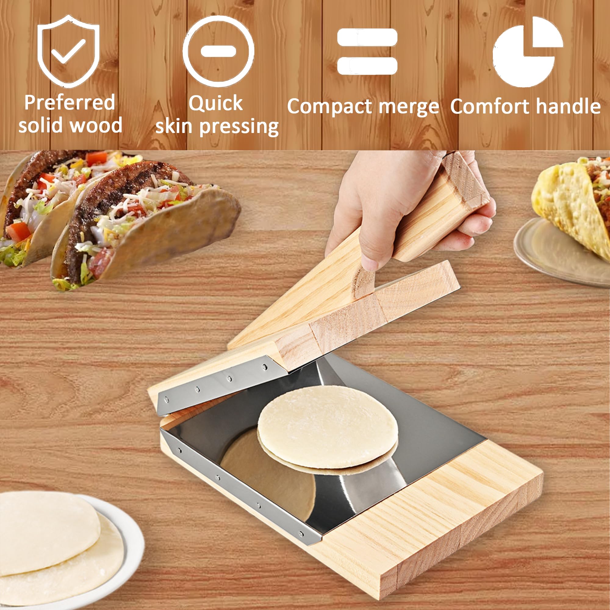 ABPETE Wooden Tortilla Press: Upgraded Wooden Quesadilla Maker with Stainless Steel Inner Panels,Tortilla Maker for Homemade Tacos, Burritos,Pitas,maquina para hacer tortillas,8×6 Inch