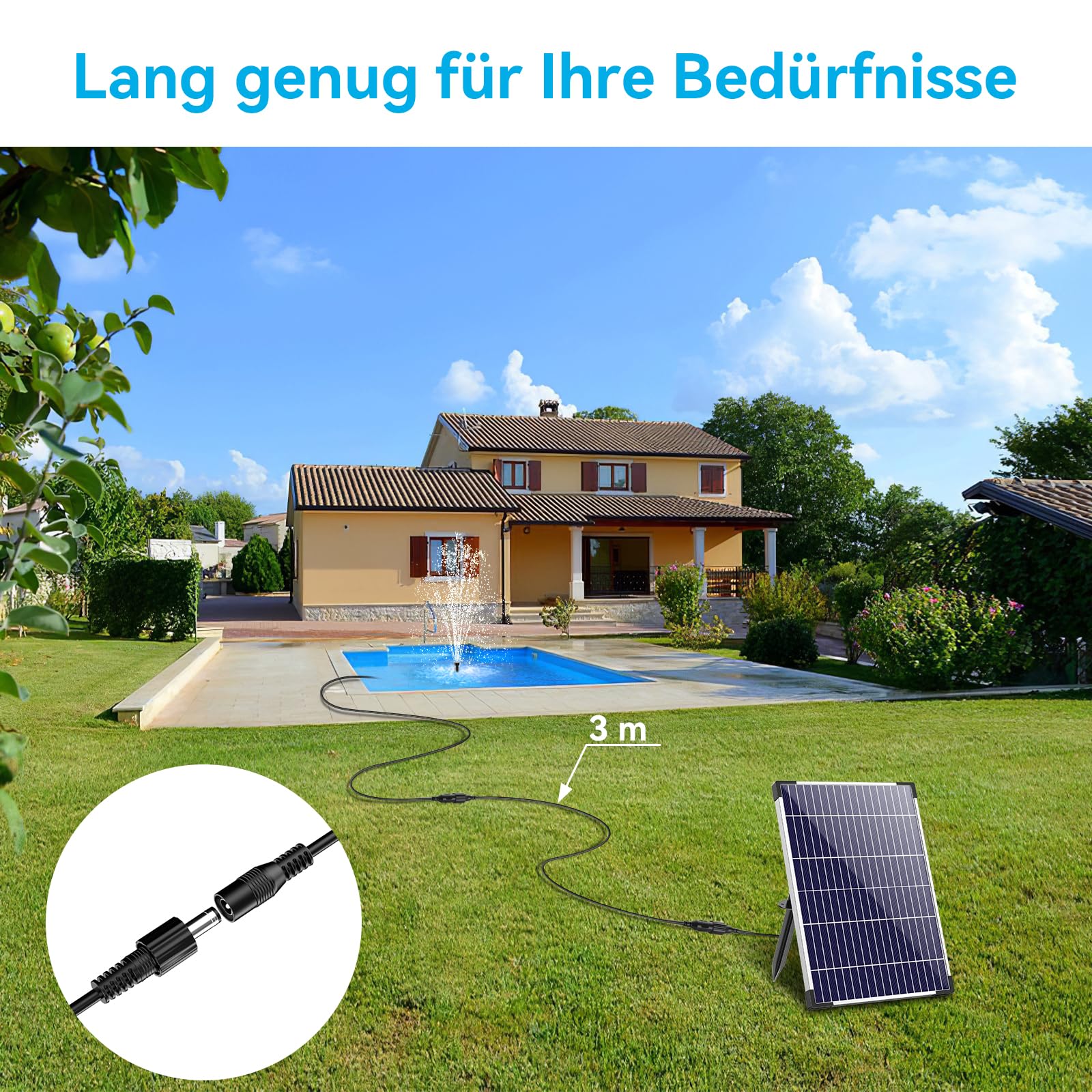 POPOSOAP Cable alargador de 3 m para fuentes solares | Conector impermeable y baja caída de voltaje, compatible con bombas solares POPOSOAP de 2,5 W a 40 W