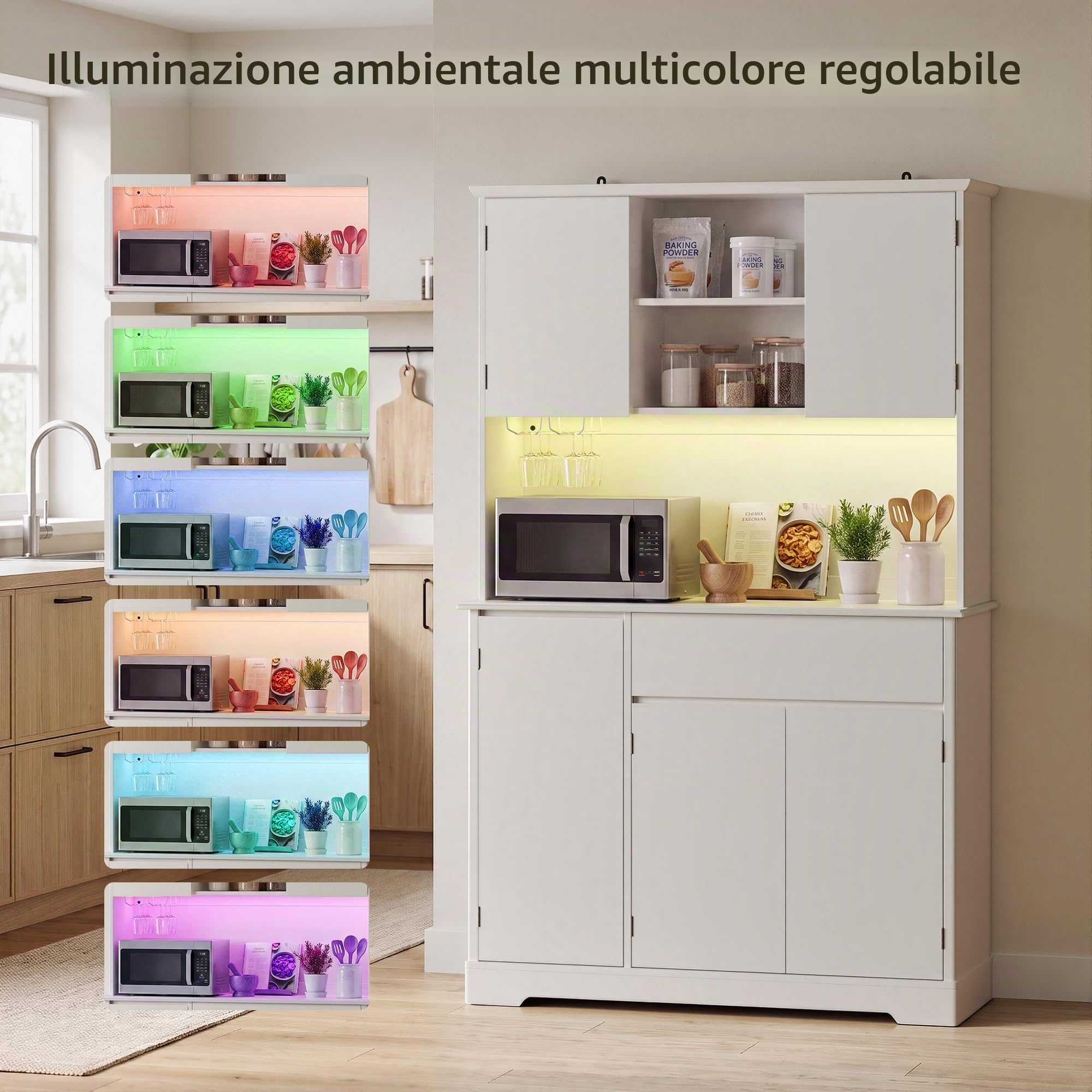 Xbro Credenza Cucina LED con Presa, Dispensa Vano Microonde 107x40x172cm