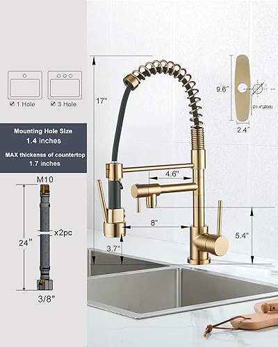 Miniatura 6 de WOWOW - Grifo de cocina de latón con rociador extraíble, grifo de cocina de resorte comercial de arco alto para fregaderos de 1 o 3 agujeros, grifo