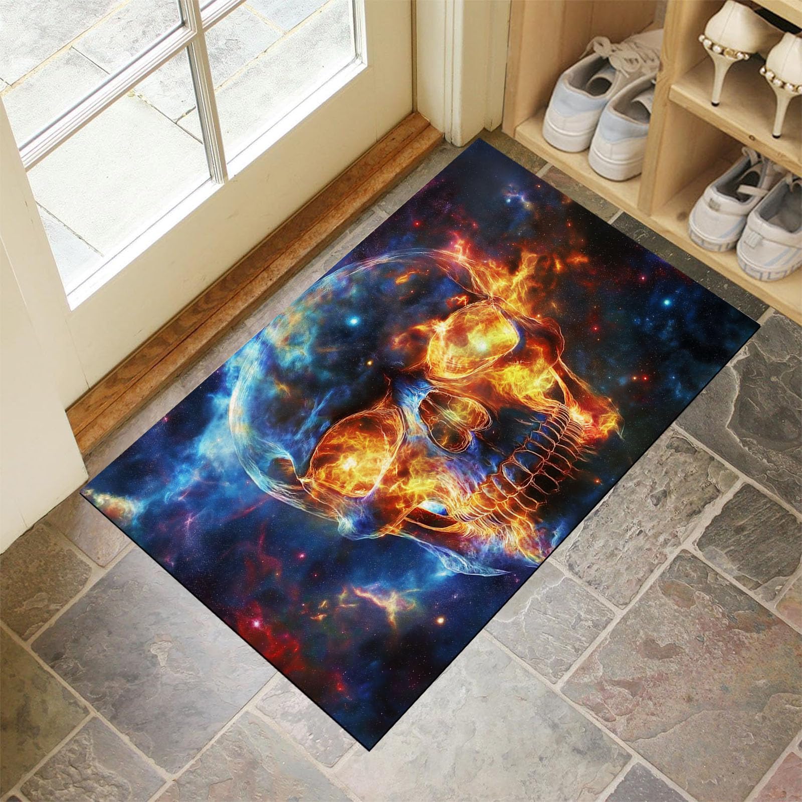 Tapis crâne cosmique d'entrée 40x60 cm bleu foncé style dark fantasy pour couloir