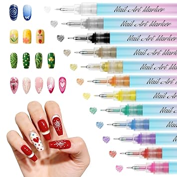 HOTU Nail Art Pens, 12 Assorted Colors, 0.5mm Ultra-Fine Tip | Quick Dry Non-Toxic Water-based Acrylic Ink, Conforms to ASTM F963 & D4236, Certified Safe Nail Markers for Kids and Adults