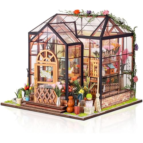 GuDoQi DIY Miniature Dollhouse Kit, Tiny House with Furniture, 1:24 Scale, Handmade Gift for Birthday Christmas Day, Jenny Greenhouse Flower Shop