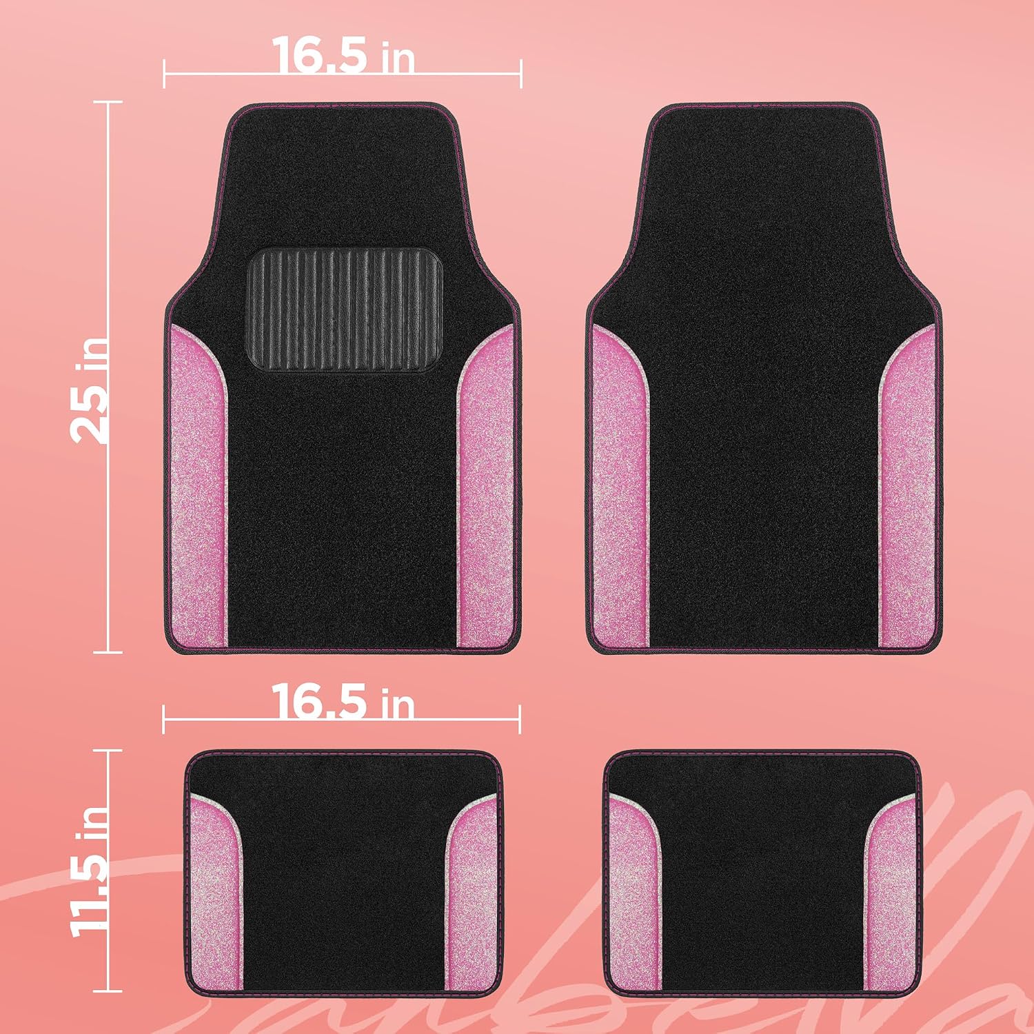 4-Piece Sparkle Glitter Front Floor Mats and Rear Floor Mats - Pink