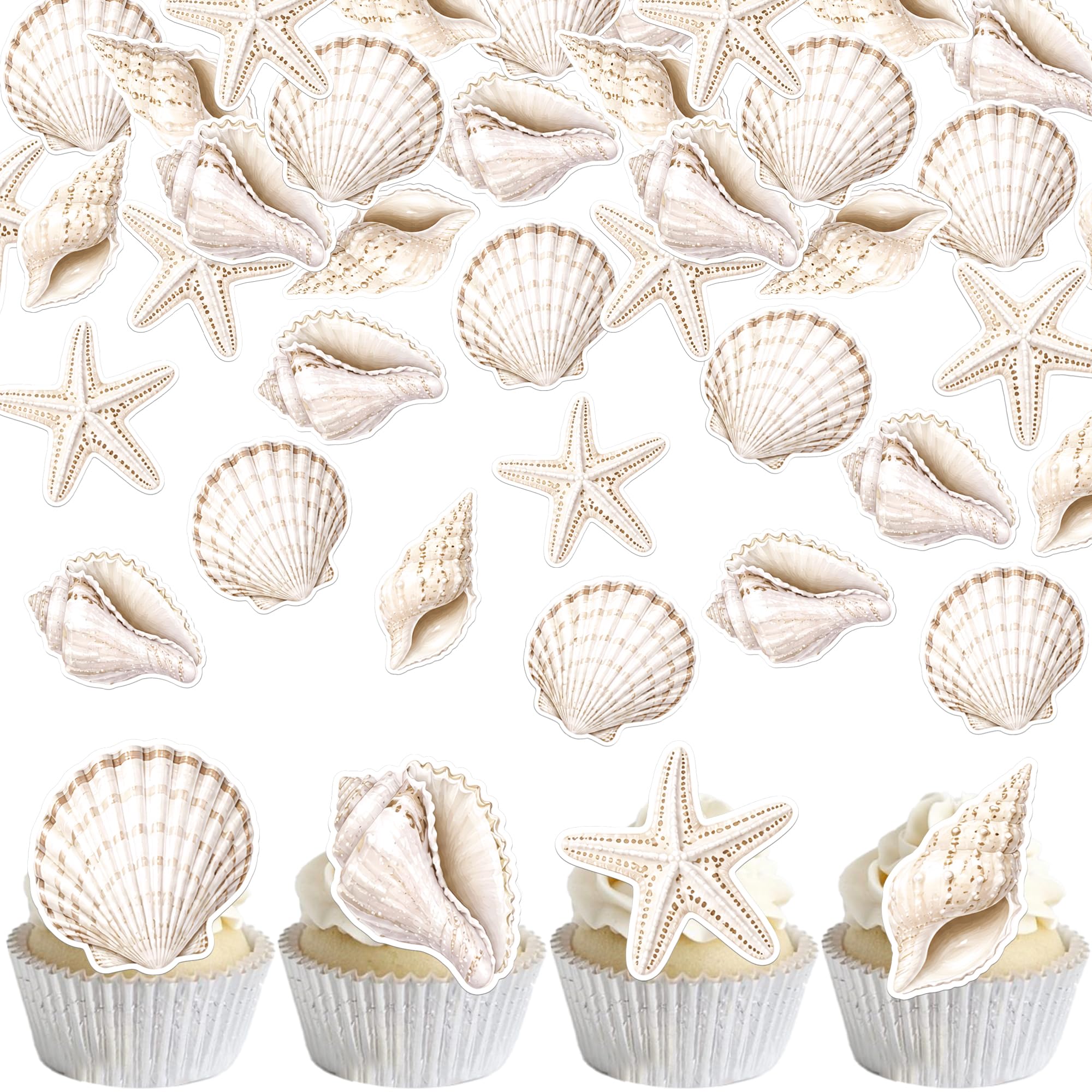 Xsstarmi 60 Pack Edible White Shells Cupcake Toppers Rice Paper Shell Conch Starfish Cupcake Picks for Summer Beach Theme Baby Shower Wedding Birthday Party Cake Decorations Supplies — image 1