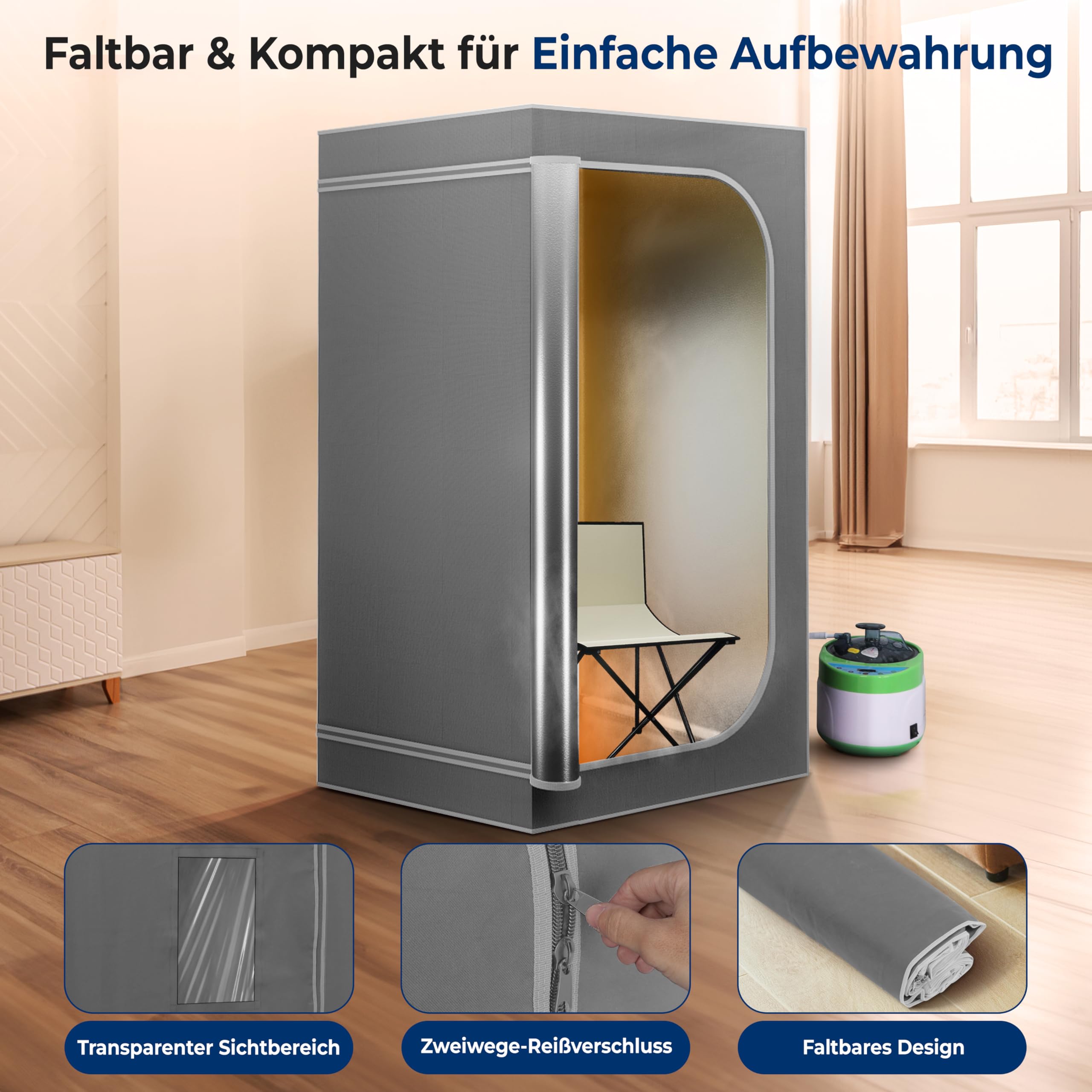 SereneLife Dampfsauna Grau 90×90×180 cm – Mobile Heimsauna mit klappbarem Stuhl und Dampfgenerator Faltbare Mini Sauna für Zuhause, Tragbare Wärmekabine bis 50 °C, Fernbedienung und Timer-Steuerung