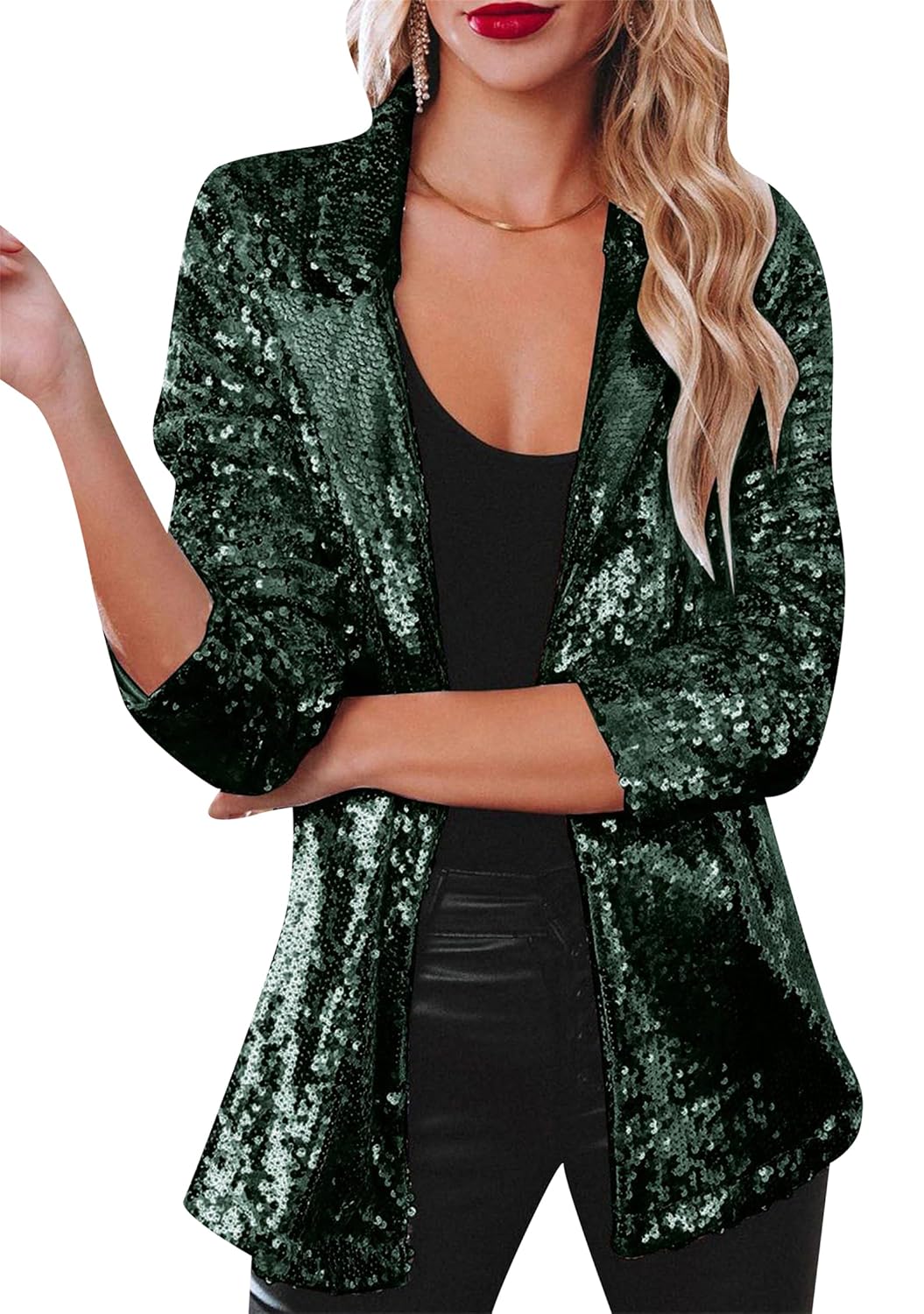 DIACACY Women Sequin Elegant Loose Fit Blazer Wedding Guest Wrinkle Free Coat Commuting Business Jacket