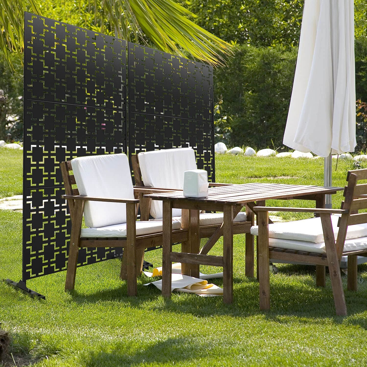 Patio Privacy Screen Balcony Decorative Screen Set with Stand, Outdoor Decor Privacy Fence Screen, Indoor Room Decorative Divider (Square-Black)