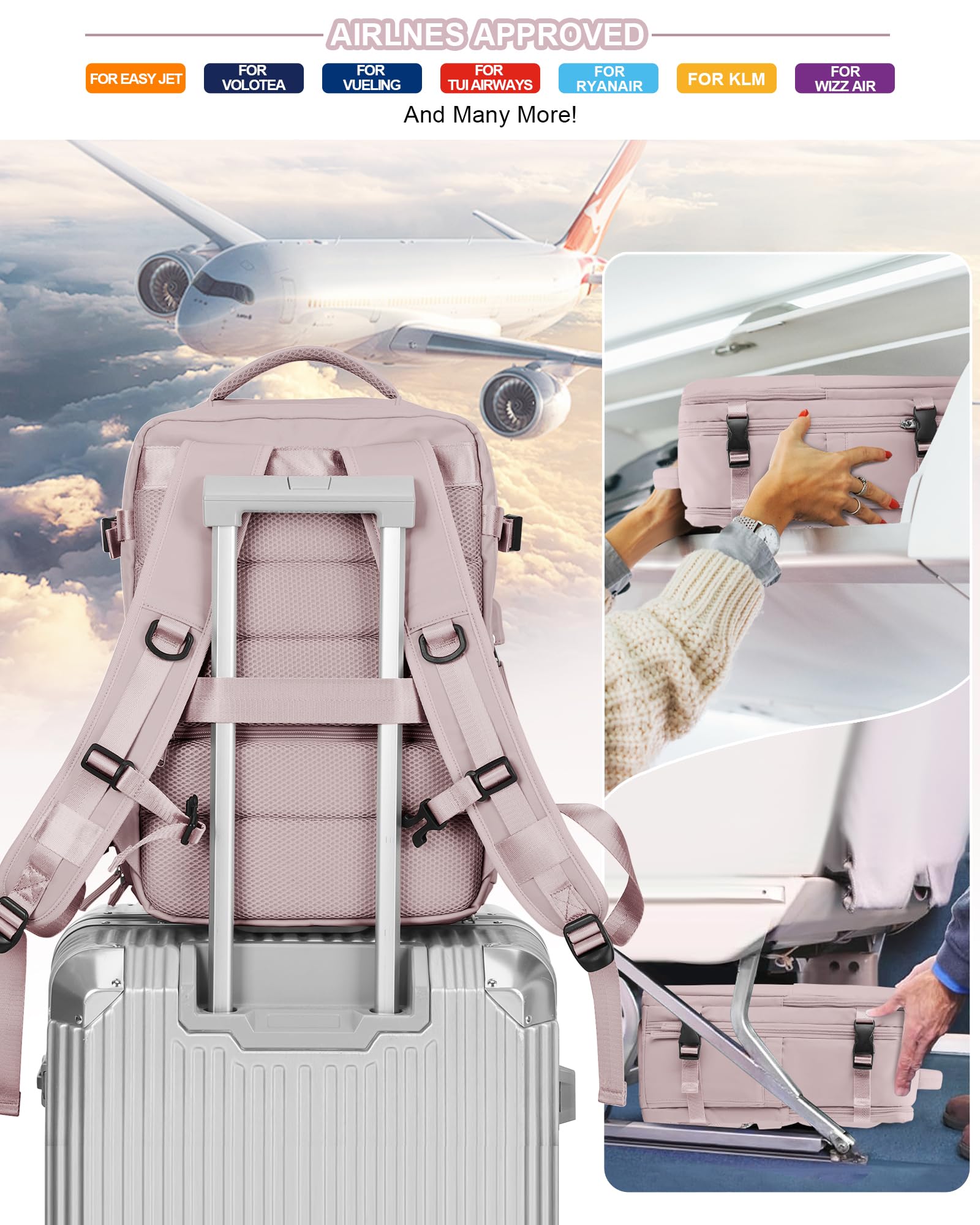 SZSYCN Borse da Cabina per Ryanair 40x20x25 Bagaglio a Mano Easyjet 45x36x20 Zaino Viaggio 40x30x20 Wizzair Zaino da Viaggio aereo Bagaglio a mano Zaino Donna Zaini Casual con scomparto per laptop