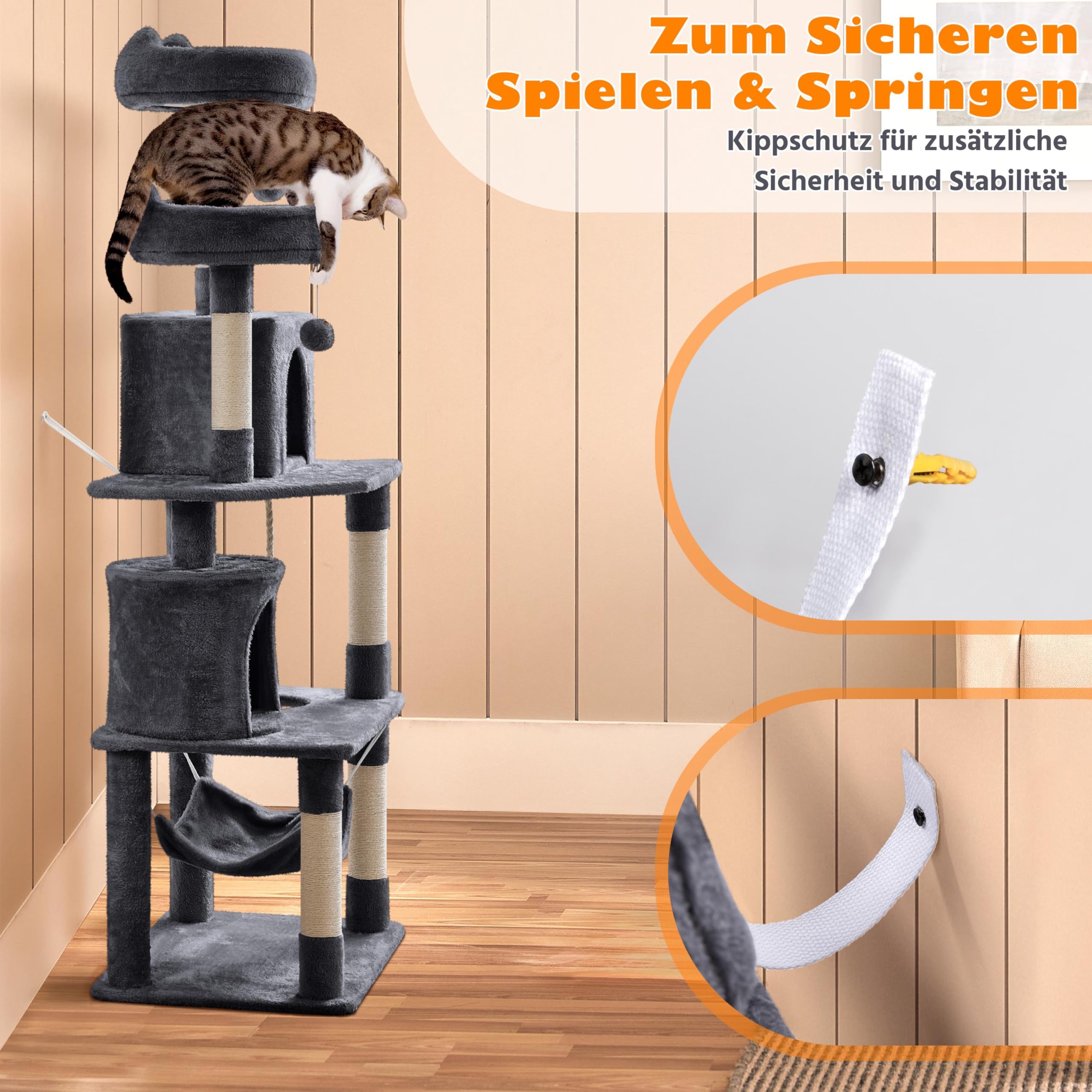 Yaheetech 179 cm Kratzbaum Katzenbaum mit Hängematte & Spielseil dunkelgrau | FSC-zertifizierte Spanplatten | Mehrstöckiger Kratzbaum für große Katzen | mit Kippsicherung | mit 5 Kratzsäulen & 2 Höhlen