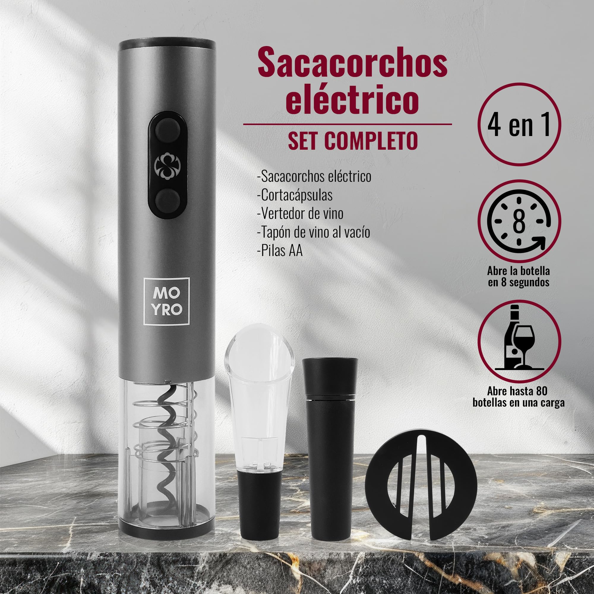 Sacacorchos Eléctrico, Abridor de Vino Automatico Profesional 4 en 1 con Cortacapsulas Botella, Vertedor de Vino, Tapón de Vino de Vacío, Funciona con 4 Pilas AA (no incluidas).