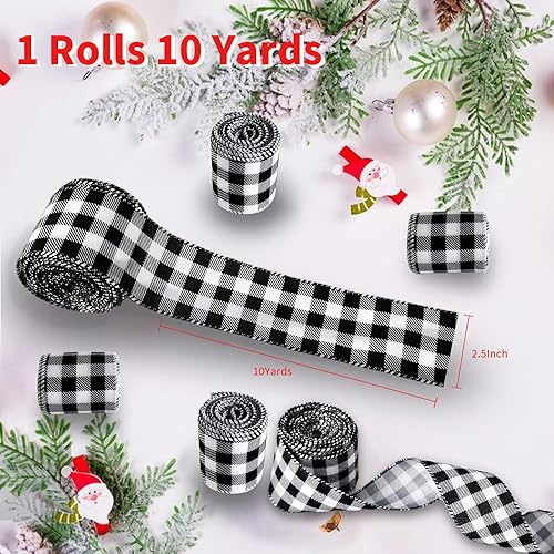 Miniatura 6 de Cinta con Borde de Alambre, 10 Yardas 2.5 Pulgadas Cinta con Alambre, Cinta de Poliéster con Alambre con Cuadros Buffalo Negros, Cintas Decorativas
