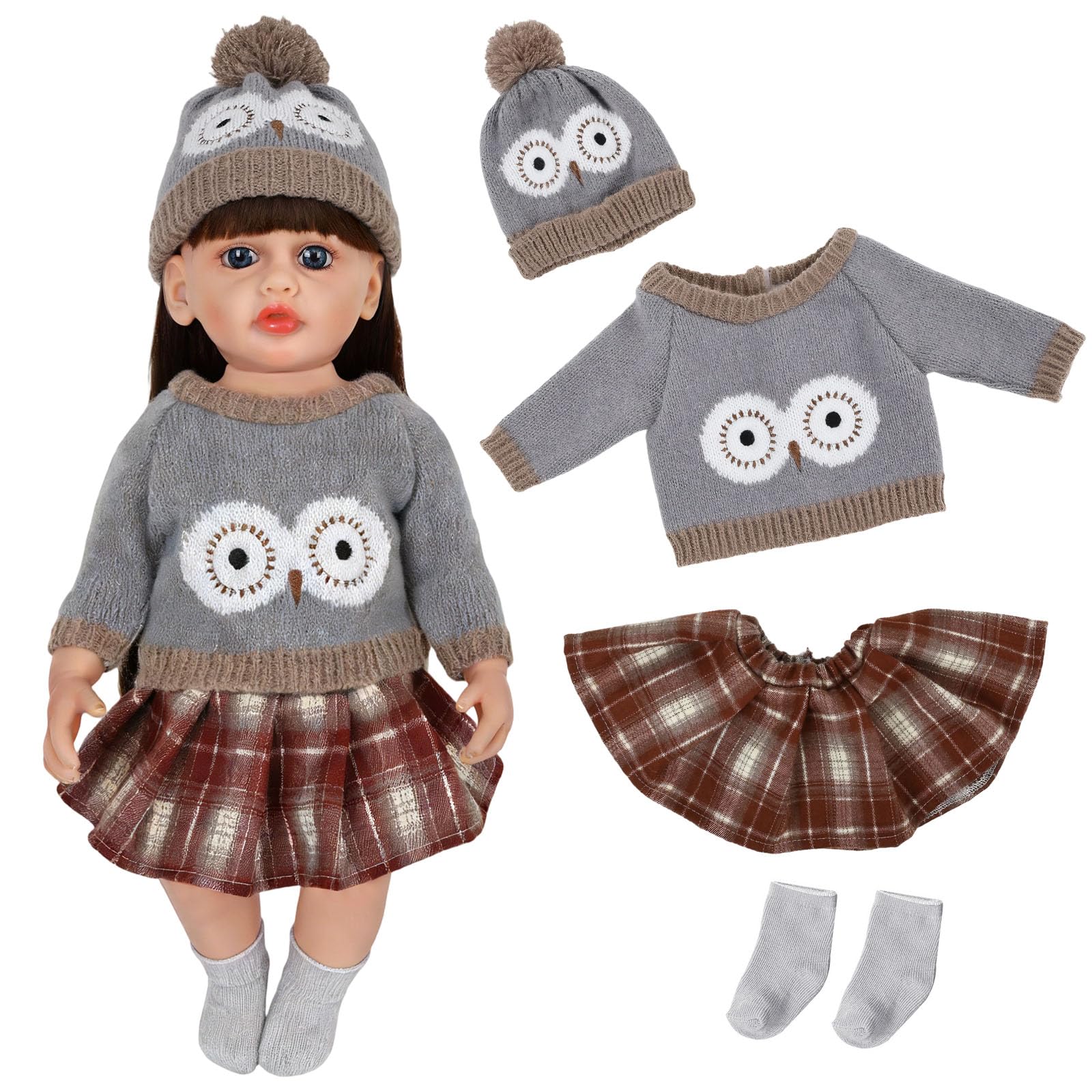 Baby Doll Clothes for 20-22 Inch Baby Doll, 4 Pcs Cute Dolls Clothes Outfit, Animal Themed Elements Sweater, Hat, Skirt, Socks, Doll Clothes Accessories Perfect for Girls and Doll Collectors