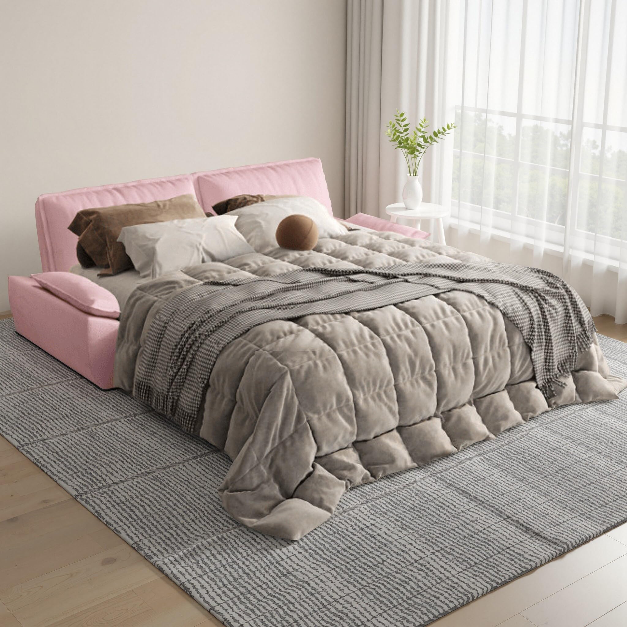 LINKHOO 73.2" Queen XL Size Pull Out Sofa Bed, 3-in-1 Convertible Sleeper Sofa with Side Storage, Folding Floor Sofa Lounge Couch, Velvet Loveseat Bed for Living Room, Bedroom, Office, Pink