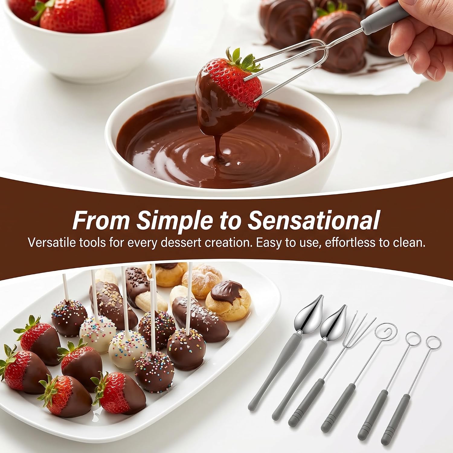 5 Piece Chocolate Dipping Tool Set, Stainless Steel Candy Dipping Forks and Decorating Spoons, Candy Making Supplies for Chocolate, Cake Pops, Fruit, Dessert Drizzling and Decorative Plating