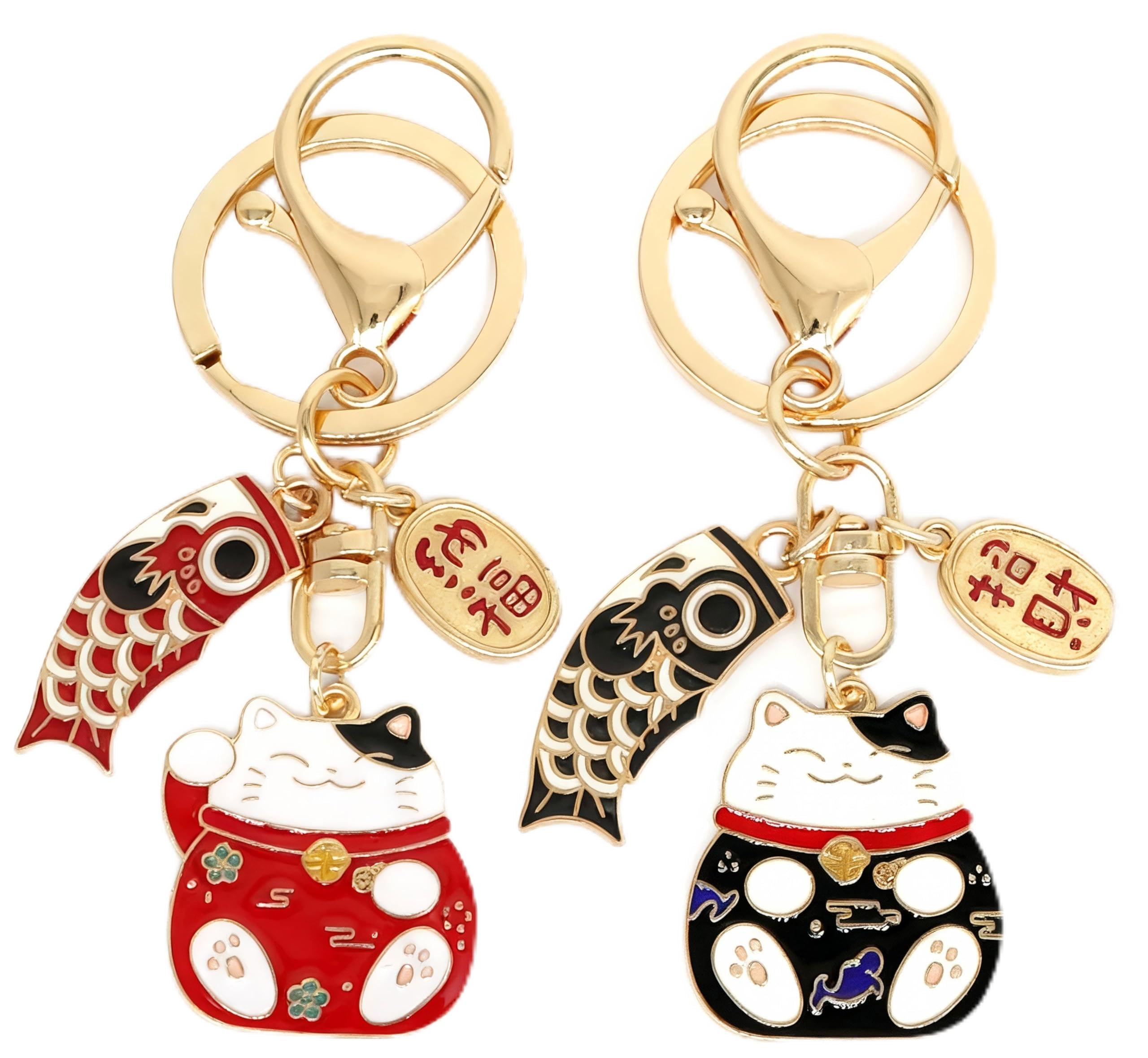 Moydolo Unisex Red Black 2Pcs Lucky Cat Keychain With Fish Japanese Beckoning Fortune Lucky Cat Fengshui Key Chains Keyring For Wealth Fortune