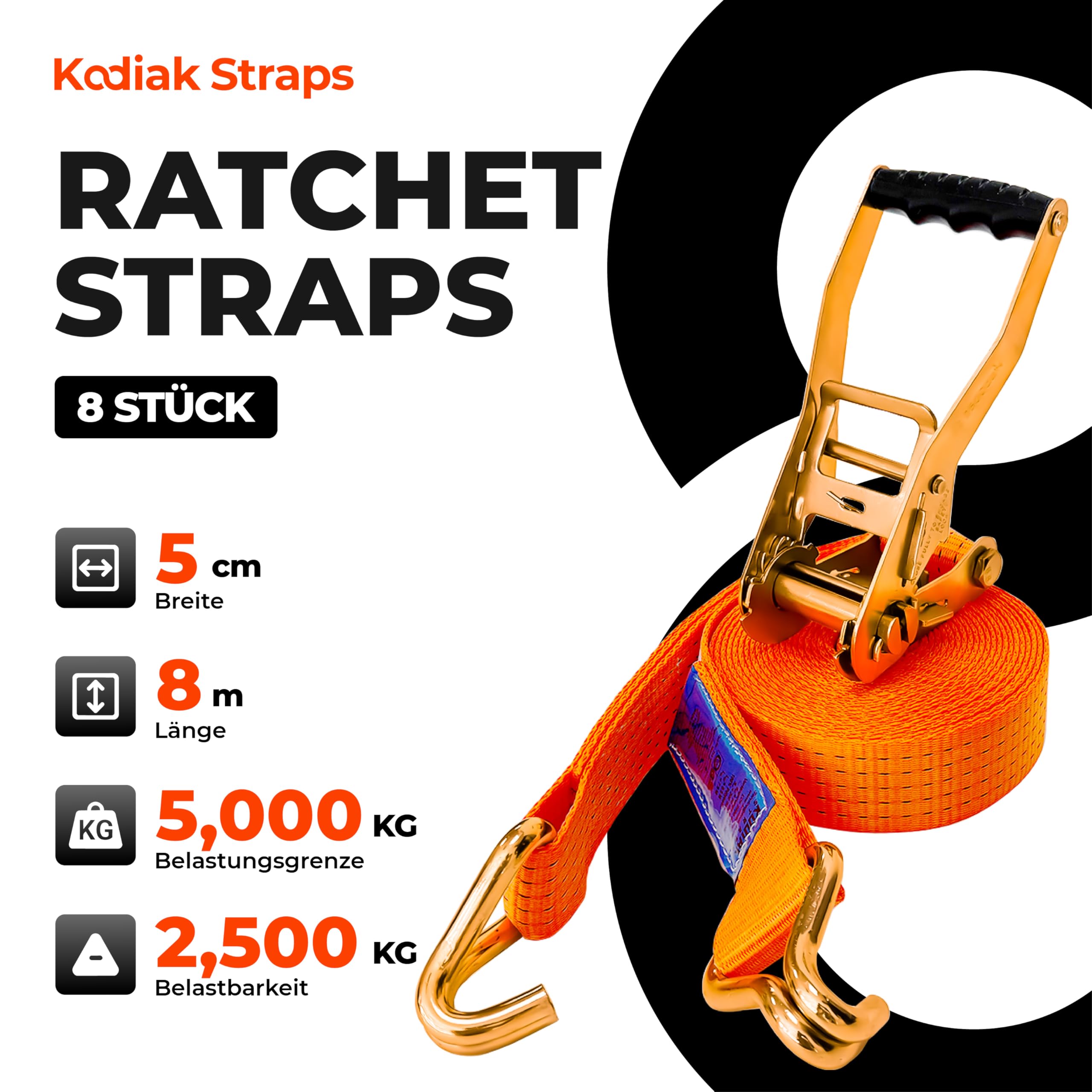 8 Stück Spanngurte 8m x 5000kg mit Ratsche und Haken - 50mm Zurrgurte mit Ratsche - Orange Ratschengurt für Ladungssicherung - TÜV/GS geprüft nach DIN EN 12195-2 - KODIAK STRAPS