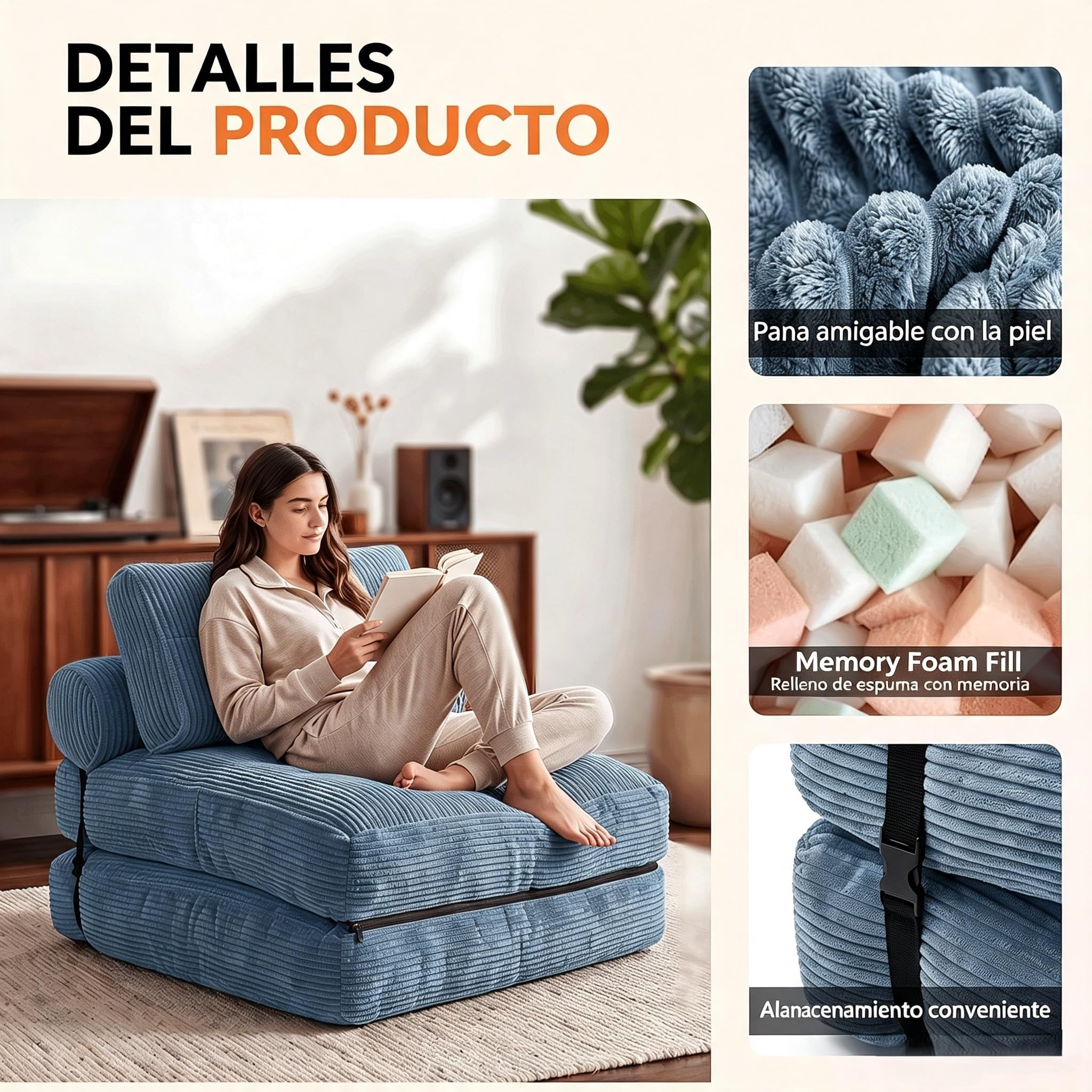 Fabulcozy Sofá Cama 4 en 1 Convertible Plegable - Sillón, Sillón Convertible, Sofá Cama 1 Plaza, Ideal para Espacio Pequeño, Salón o Dormitorio (Gris Azulado)