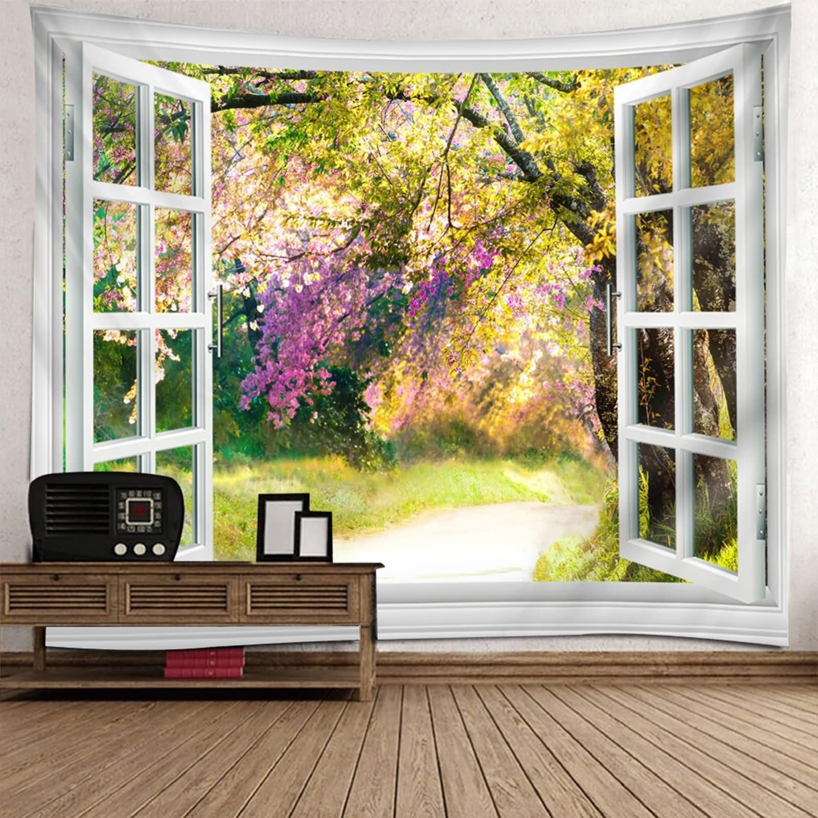 Homxi Tapiz Sofa 200 x 200 CM,Paisaje Natural de Ventana Tapices de Sofá Poliéster Blanco Verde