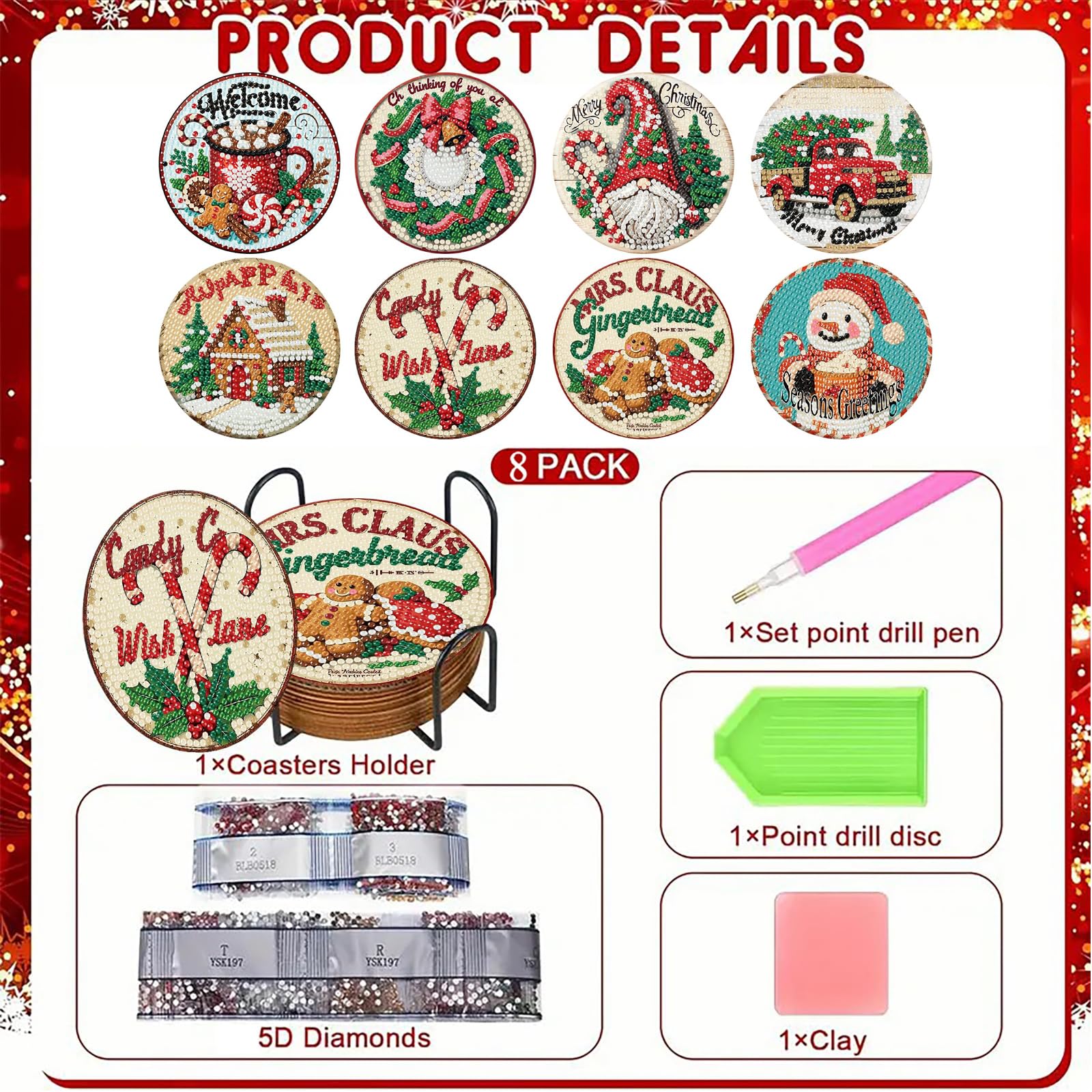 8 Pezzi Diamond Painting Sottobicchiere, 5D Fai Da Te Pittura Diamante Sottobicchiere Natale,Diamond Painting Sottobicchieri Natalizi, per Tazze, Bicchieri da Vino e DIY Decorazioni per la Tavola