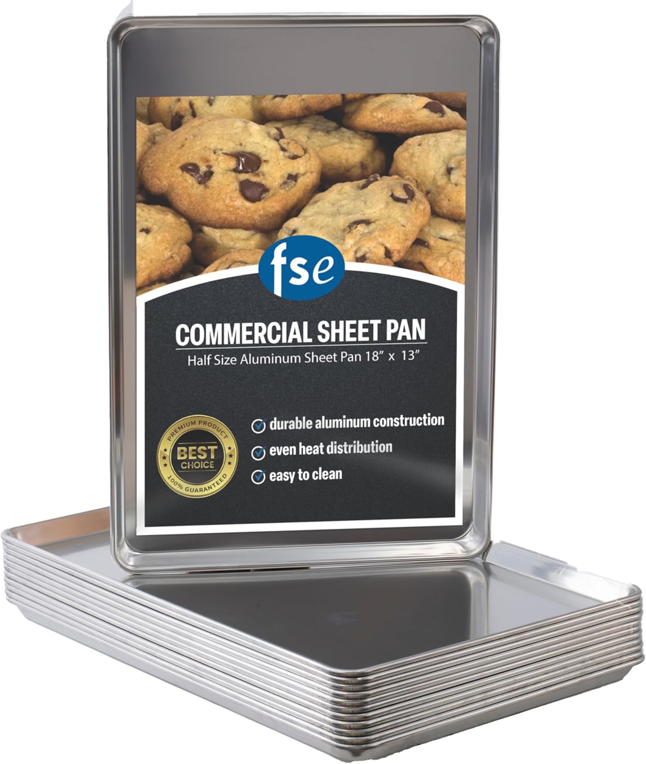 FSE Commercial-Grade 20-Gauge Aluminum Sheet Pan/Bun Pan, 18" L x 13" W x 1-1/8" H (Half Size) | Pack of 12