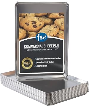 FSE Commercial-Grade 20-Gauge Aluminum Sheet Pan/Bun Pan, 18" L x 13" W x 1-1/8" H Half Size | Pack of 12