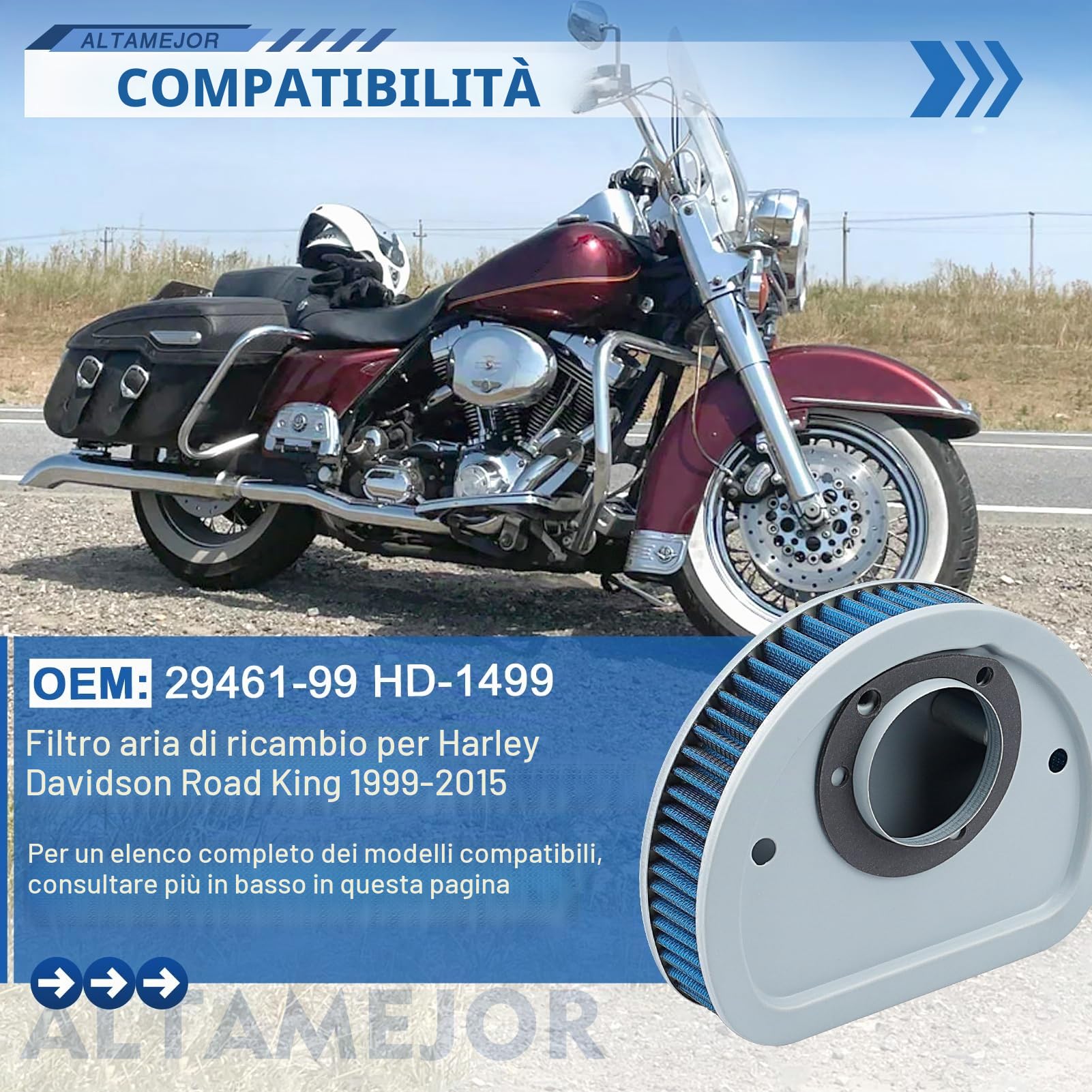 Filtro aria per Harley Davidson Road King 1999-2015 Filtro Aria 29461-99 HD-1499 Electra Glide Heritage Softail Dyna Street Softail Deluxe e Springer Softail 29461-99 HD-1499