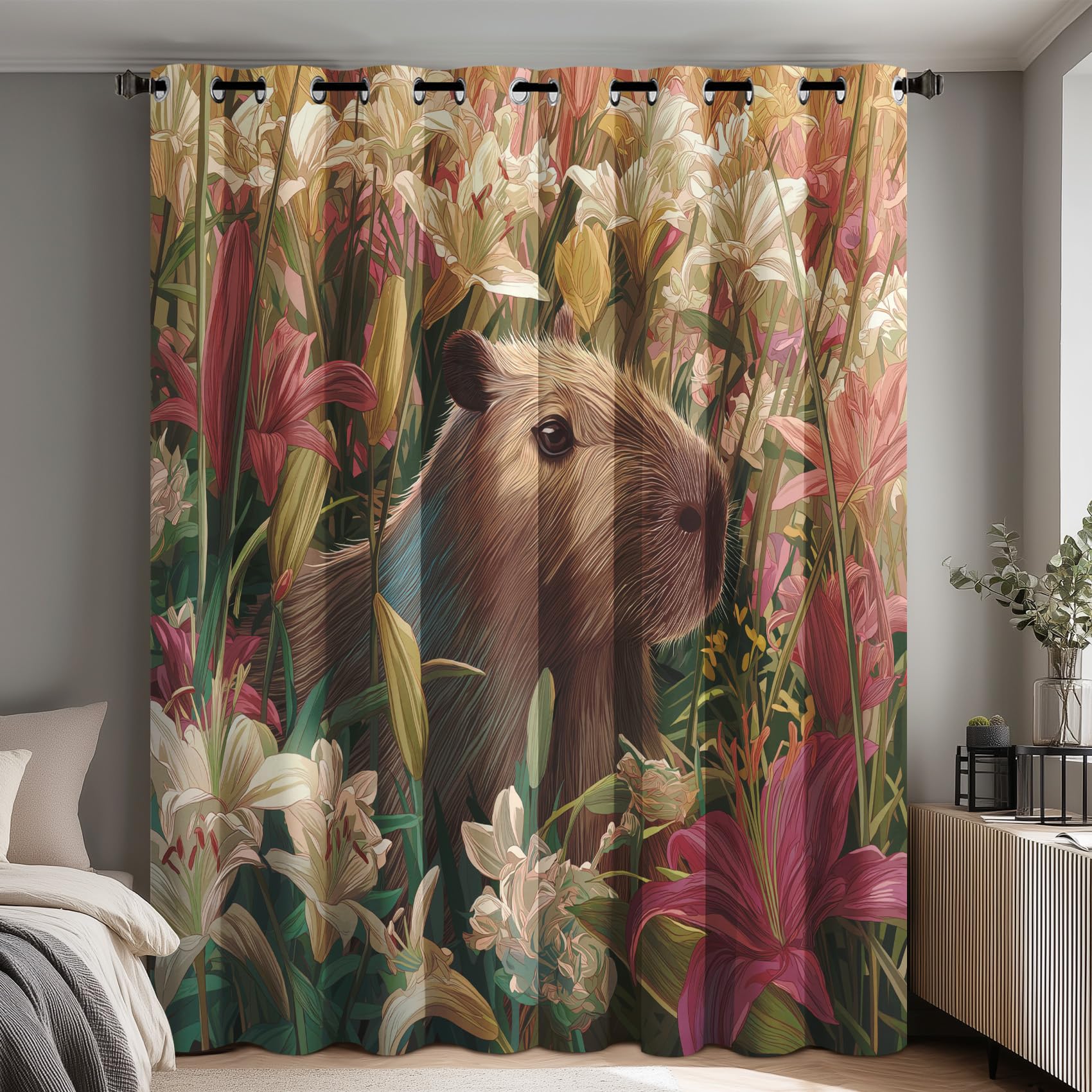 Capybara Blackout Curtains for Bedroom Living Room, Cute Animal Flower Curtains Eyelet 108 Drop Home Decor, Patterned Window Drapes, 90x108 Inch 2 Panels B-D108