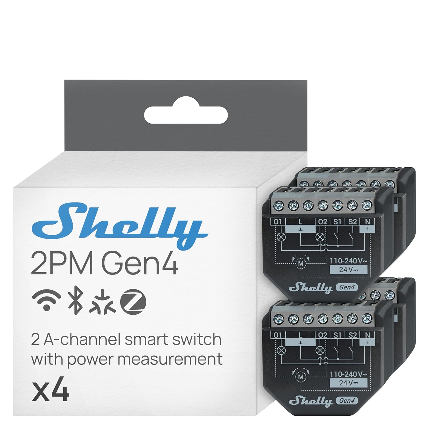 Shelly 2PM Gen4 | Wi-Fi, Zigbee & Matter 2-Channel Smart Relay Switch with Power Metering | Home Automation | Alexa, SmartThings, Google Home, HomeKit Compatible | Roller Shutters Control (4 Pack)
