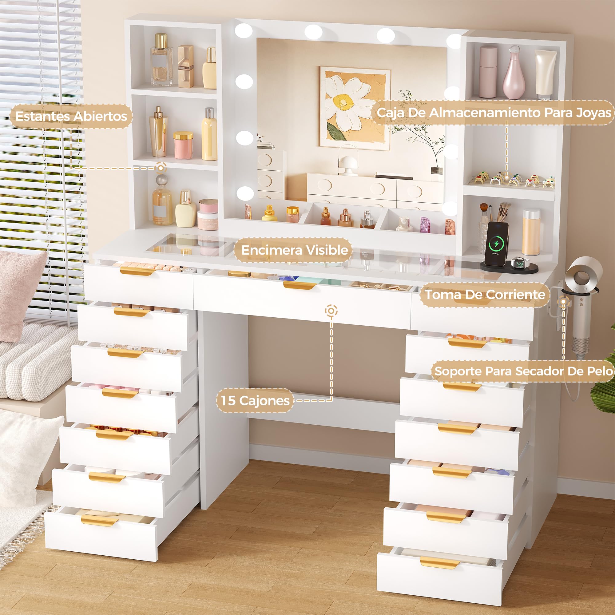 Grande Tocador de Maquillaje con Luz LED y Espejo,Vidrio,Enchufes
