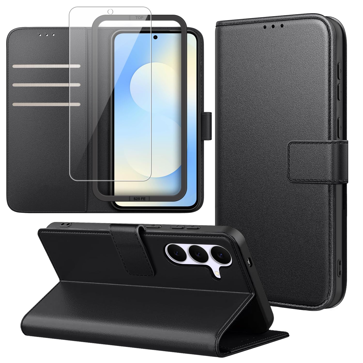 Cover Compatibile con Samsung Galaxy S25 FE 5G, con 1 Pezzo Vetro Temperato Pellicola Protettiva e 1 Pezzo Strumento di Installazione Semplice, Premium Pelle PU Libro Flip Custodia - Nero