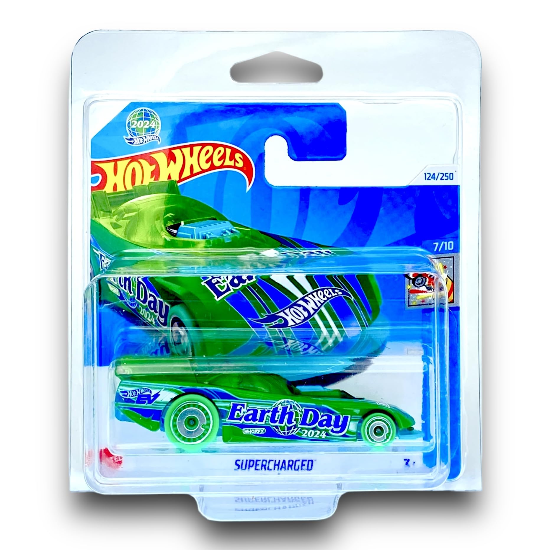 Hot Wheels Supercharged (Green - Earth Day 2024) 7/10 HW Celebration Racers - 2024-124/250 (Short Card) - COMES IN A GENUINE KLAS CAR KEEPER PROTECTOR CASE - HTB00