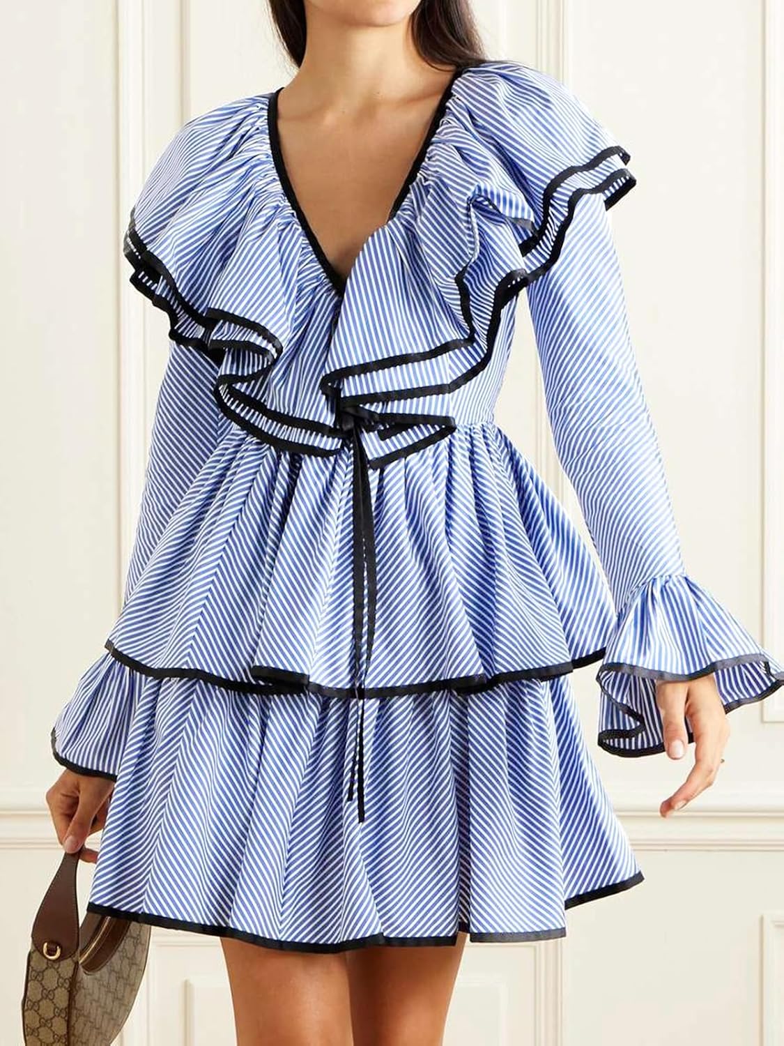 HOULENGS Women's Casual Striped Long Sleeve Ruffle Layer Babydoll Mini Dress Fall V Neck Tie Front Tiered A-line Short Dress - Image 3