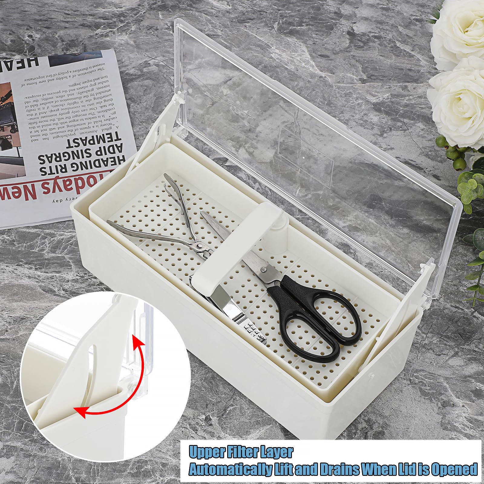 JUXYES Bandeja de esterilización de plástico para accesorios de arte de uñas, bandeja esterilizadora portátil con colador, caja de almacenamiento para pinzas, herramientas de manicura, herramienta de