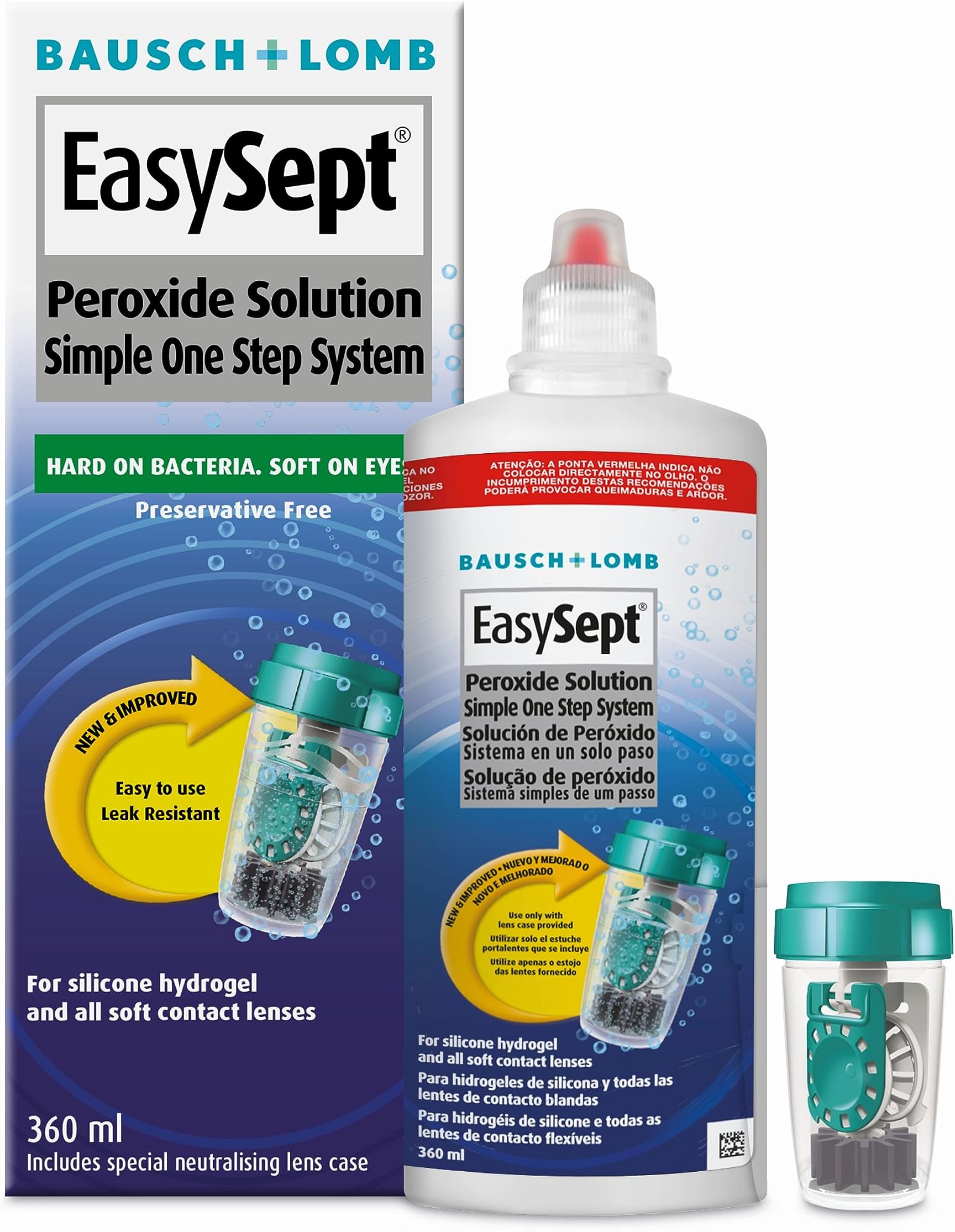 EasySept Peroxide Solution, 360ml - Contact Lens Solution with a Simple One Step System for Disinfection of Soft Contact Lenses, Lens Case with Neutralising Disc Included, Suitable for Sensitive Eyes