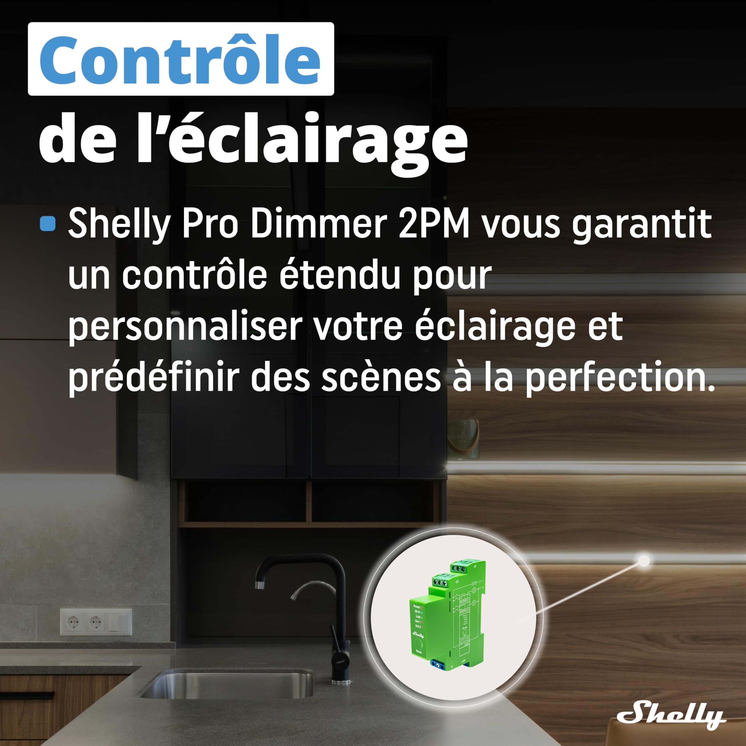 Shelly Pro Dimmer 2PM - Variateur de lumière Wi-Fi, LAN, Compteur de consommation intégré, 2 canaux (200W chacun), sur Rail DIN, Halogènes et LED, Compatible Alexa & Google Home, App iOS & Android
