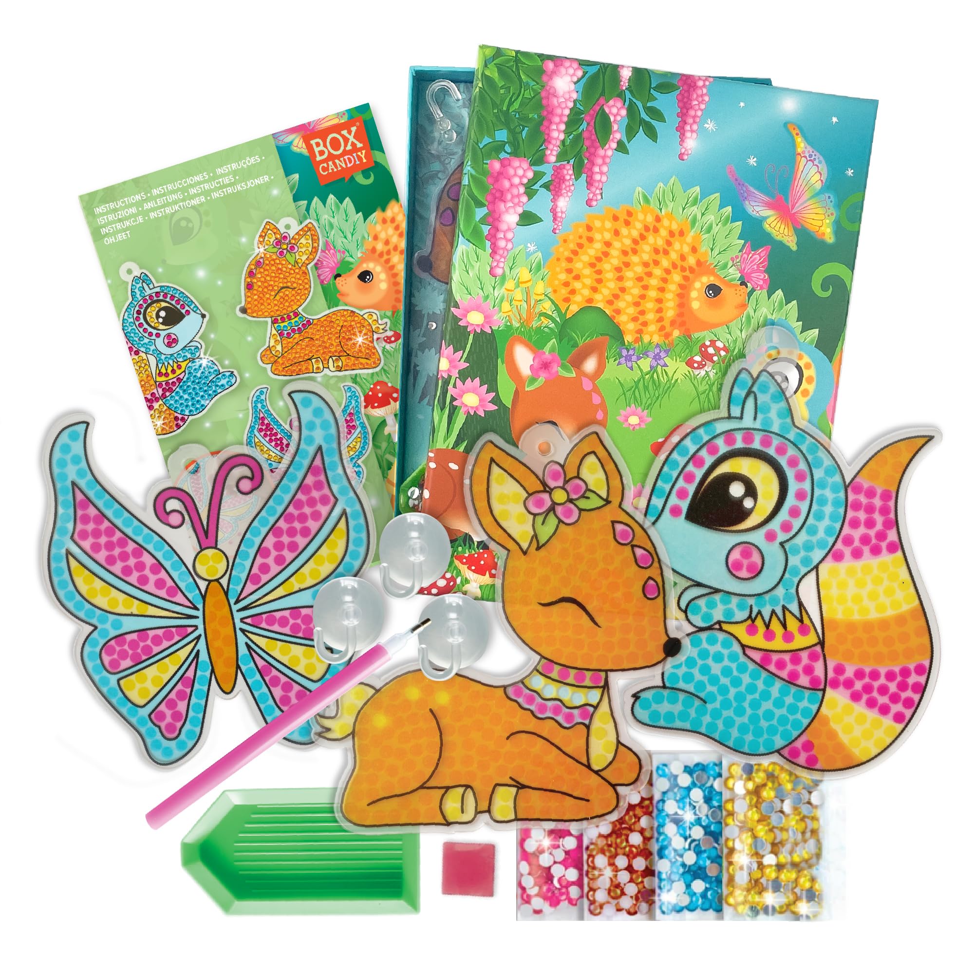 BOX CANDIY Woodland Window Sun Catchers Art Set for Kids I DIY Craft Kit with 3 Light Catcher Boards, Suction Cups, Coloured Gems & Storage Box I Creative Suncatcher Activity for Children