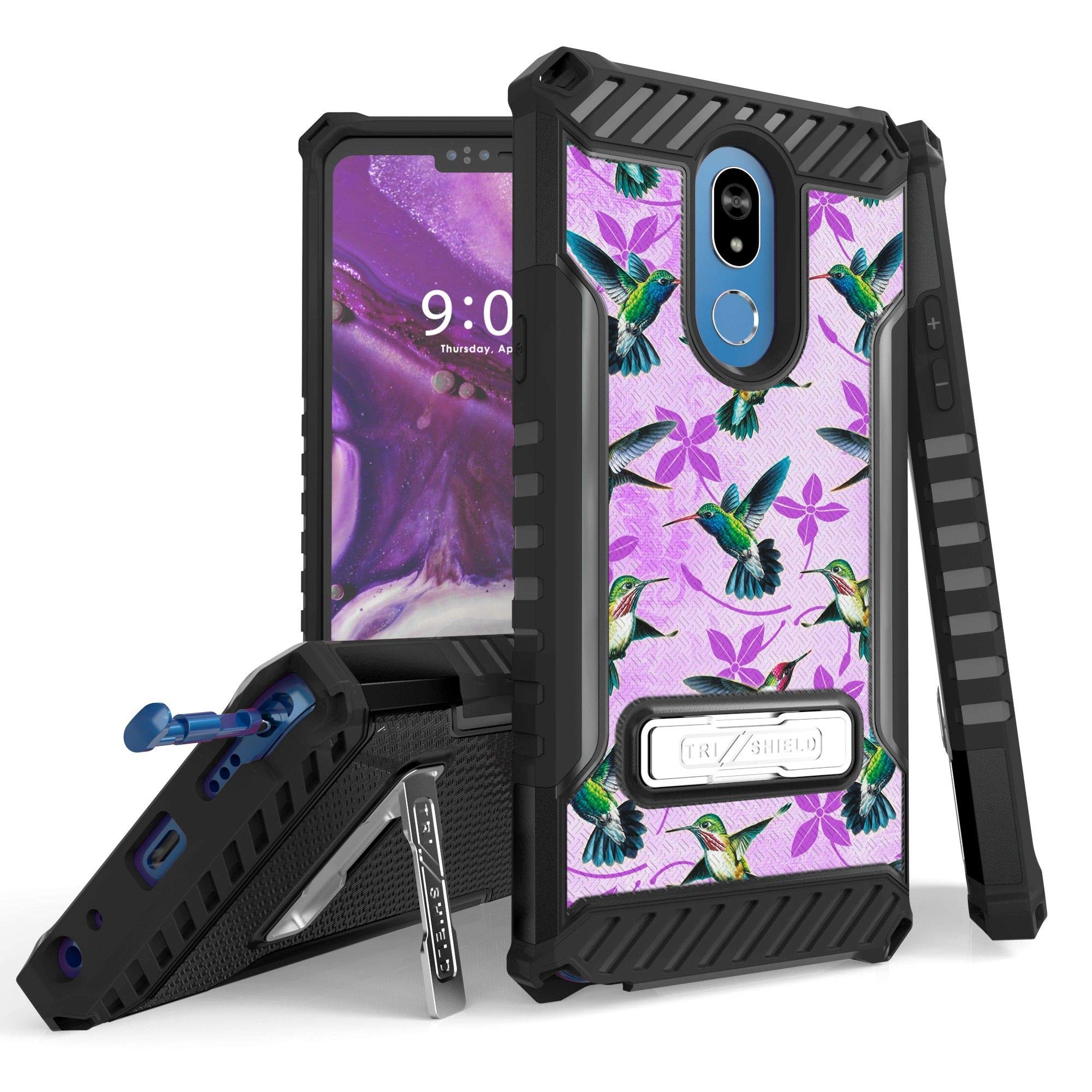 Military Grade Drop Tested Hybrid Shockproof Case w/Stand Dual Layer Cover Compatible with LG Stylo 5 / Stylo 5 Plus - Purple Hummingbirds